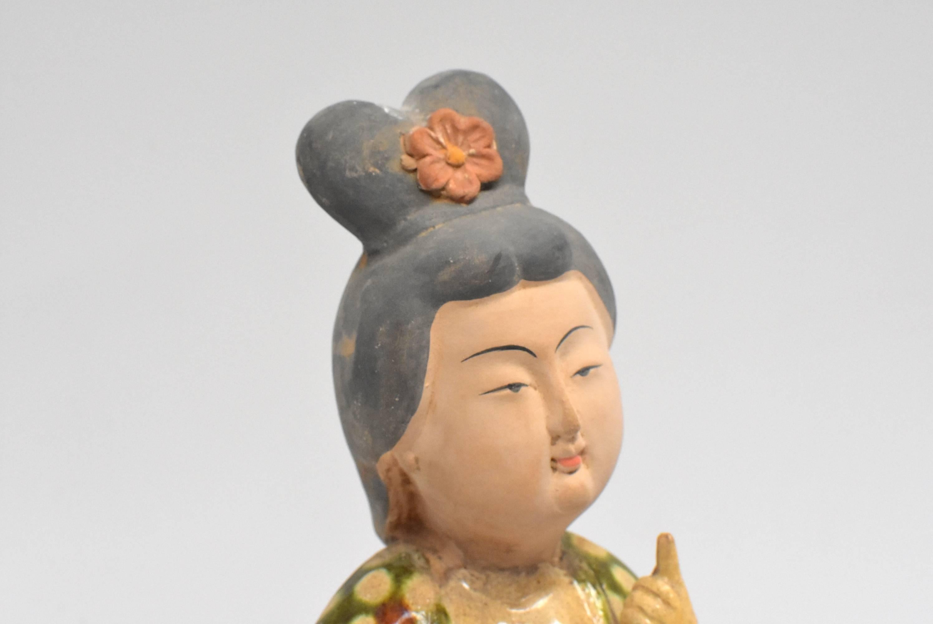 Glazed Chinese Terracotta Court Lady Holding a Fan Tang Style 