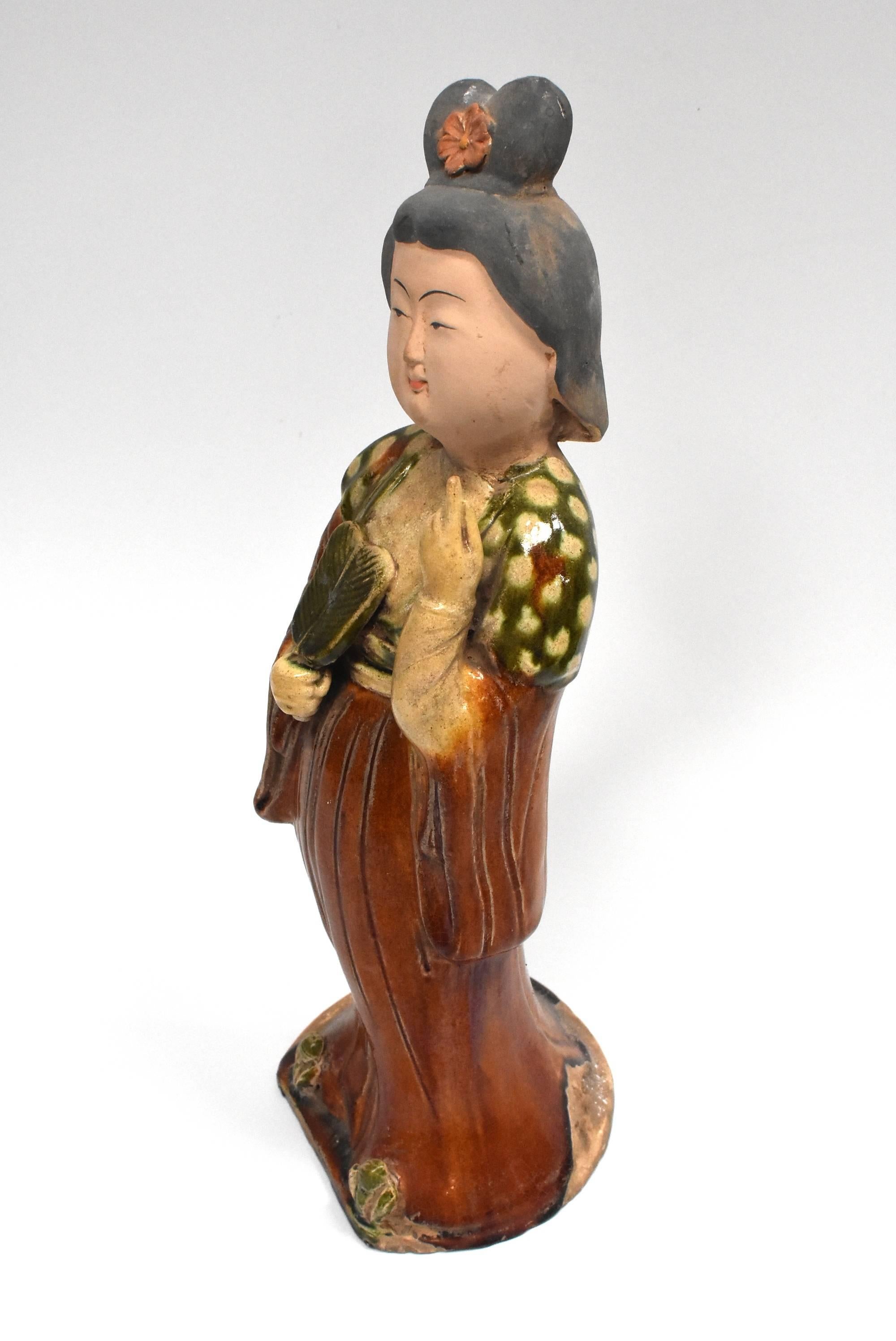 Chinese Terracotta Court Lady Holding a Fan Tang Style  1