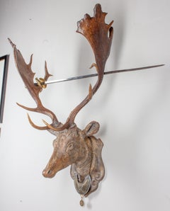 Terracotta Faux Bois Fallow Trophy with Antique Habsburg Antlers and Sword