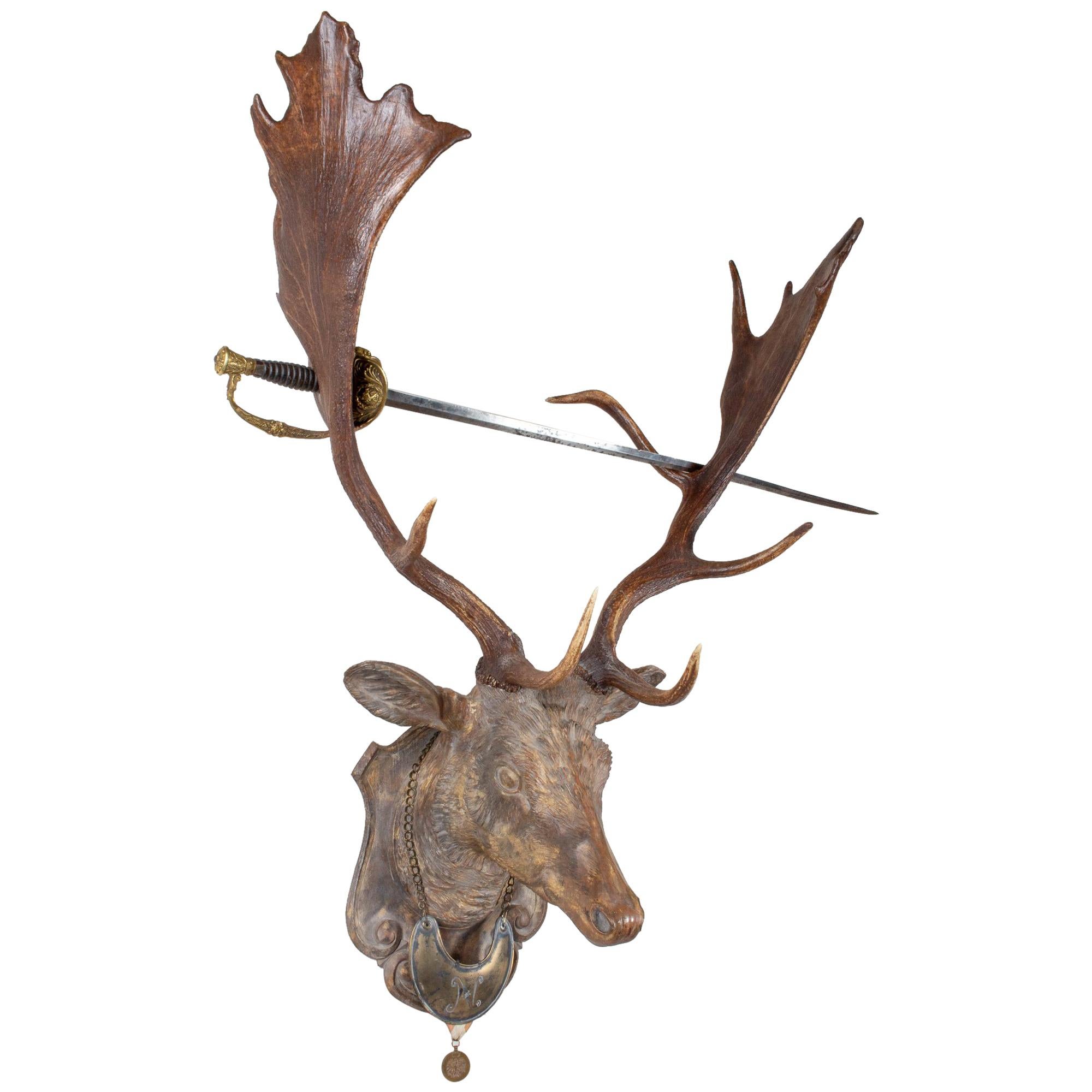 Terracotta Faux Bois Fallow Trophy with Antique Habsburg Antlers and Sword