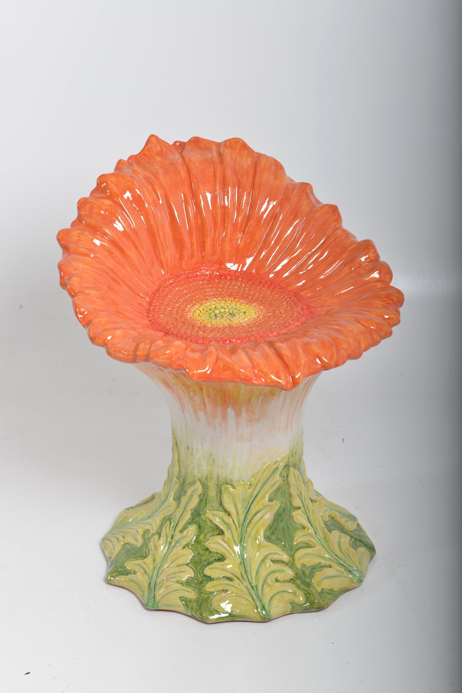 These flower seats / chairs, to be used in the garden, on your terrace, conservatory or inside your house are a joy of life. They are exuberant. A delight. Brilliantly colored they bring the sun in your life. The bases represent stylized acanthus