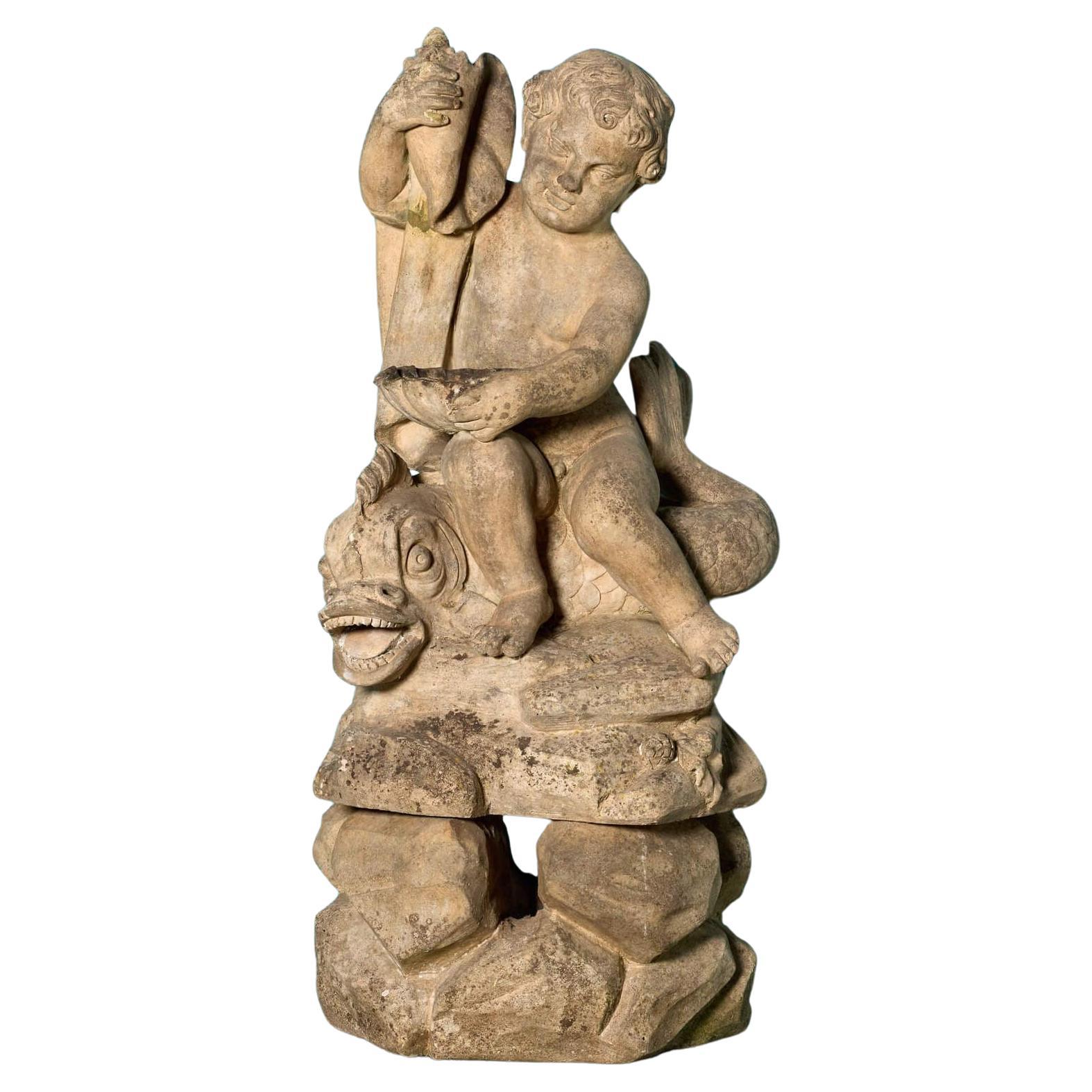 Terracotta Garden Fountain of a Boy and Dolphin For Sale