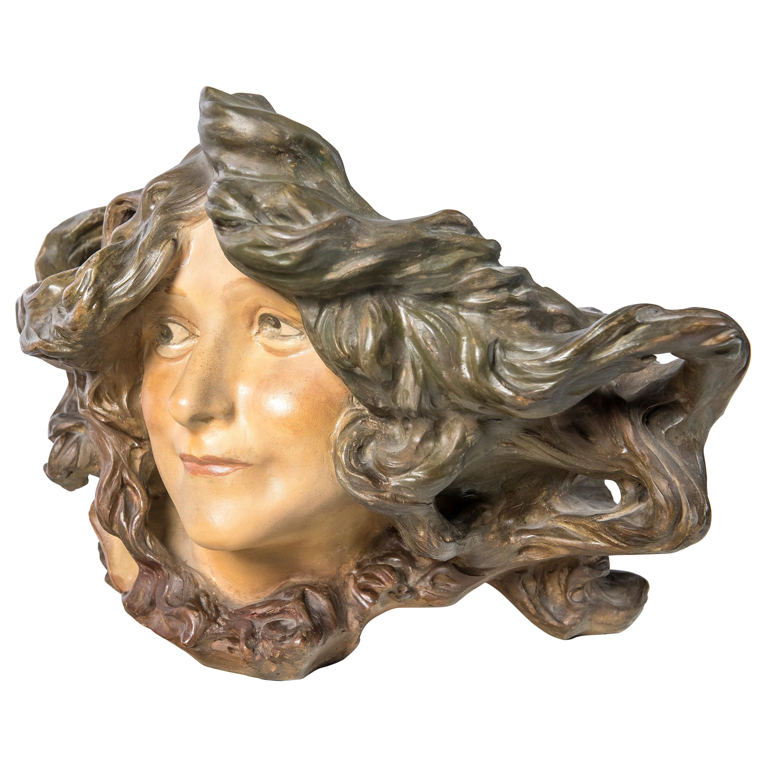 Terracotta Girl Face Jardinière, Signed L. Escaler, Barcelona, circa 1900