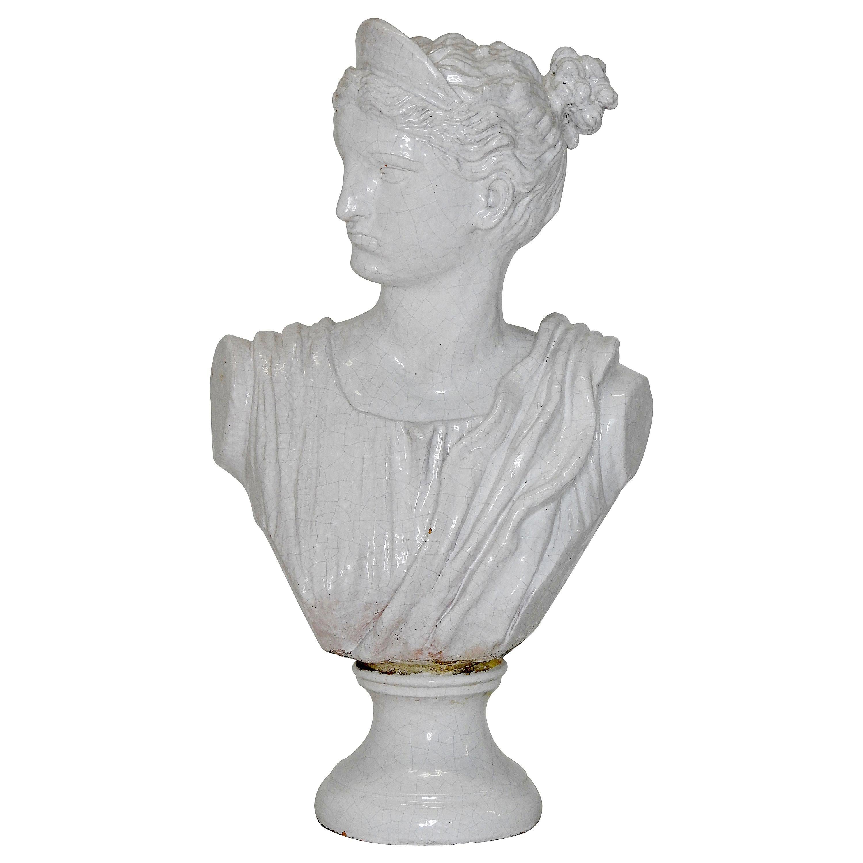 Terracotta Glazed Bust of Diana Goddess of Hunt For Sale