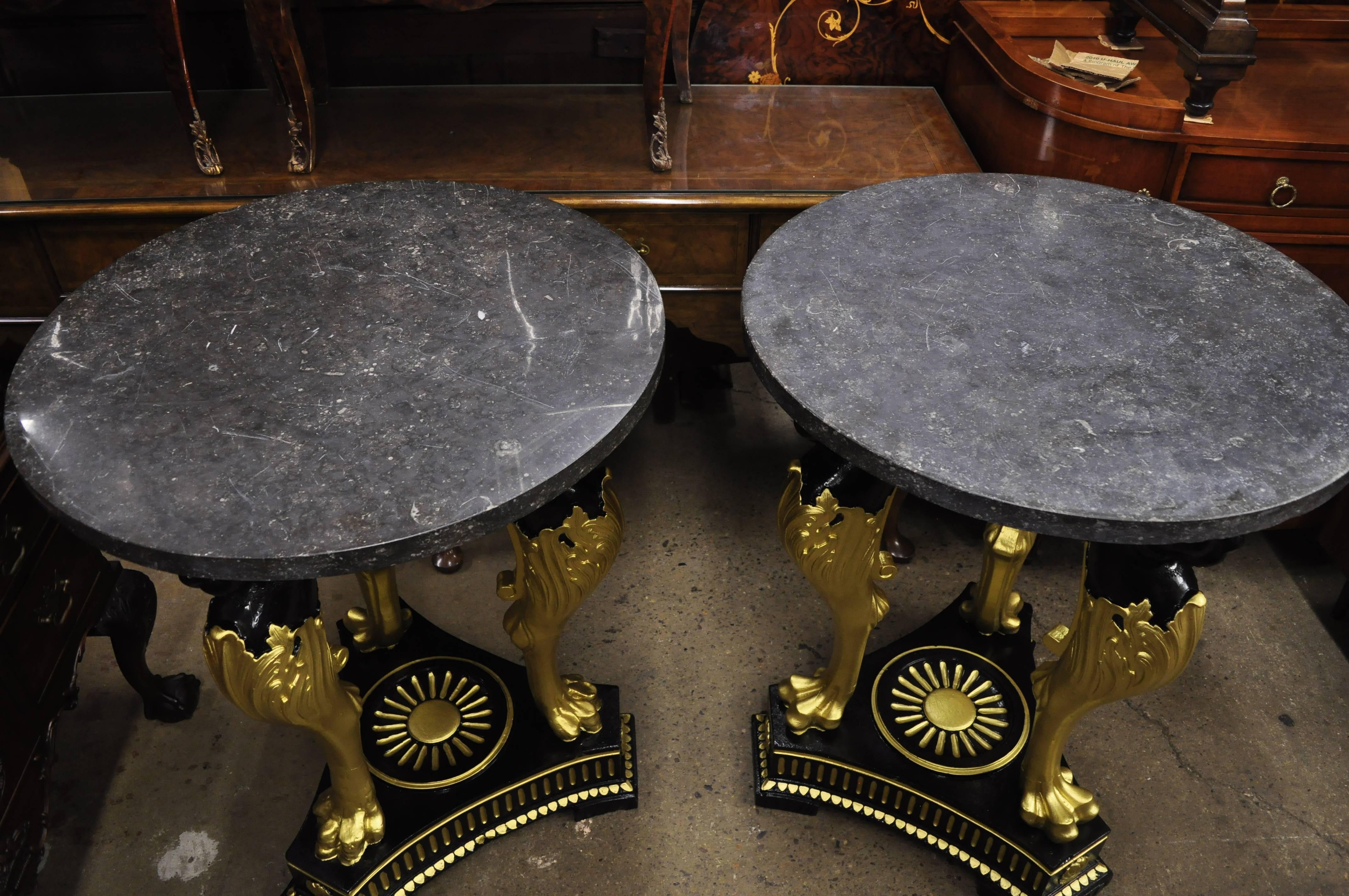 Pair of Terracotta & Granite French Empire Black & Gold Lion Center Side Tables 12