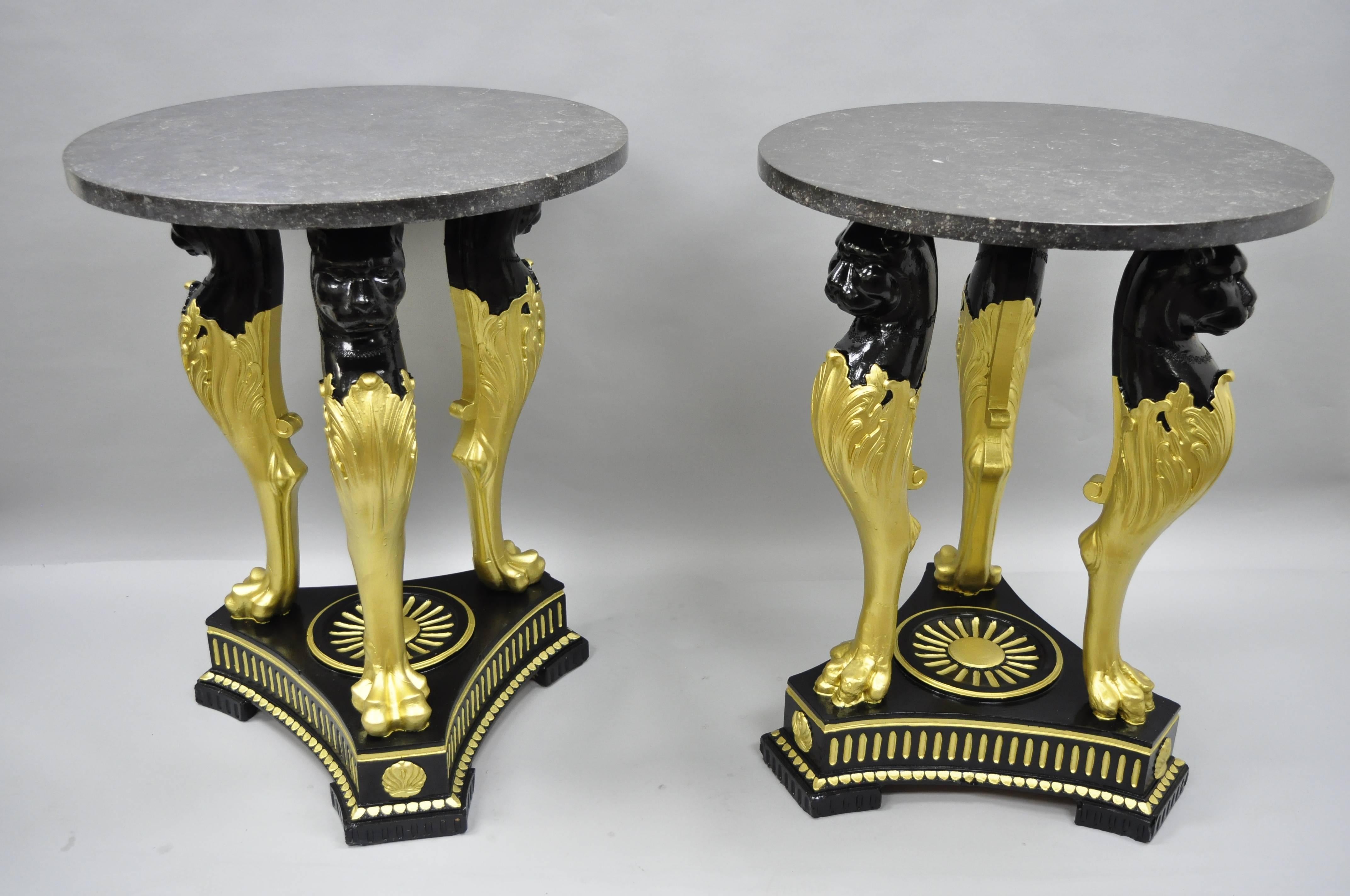 Pair of Terracotta & Granite French Empire Black & Gold Lion Center Side Tables 13