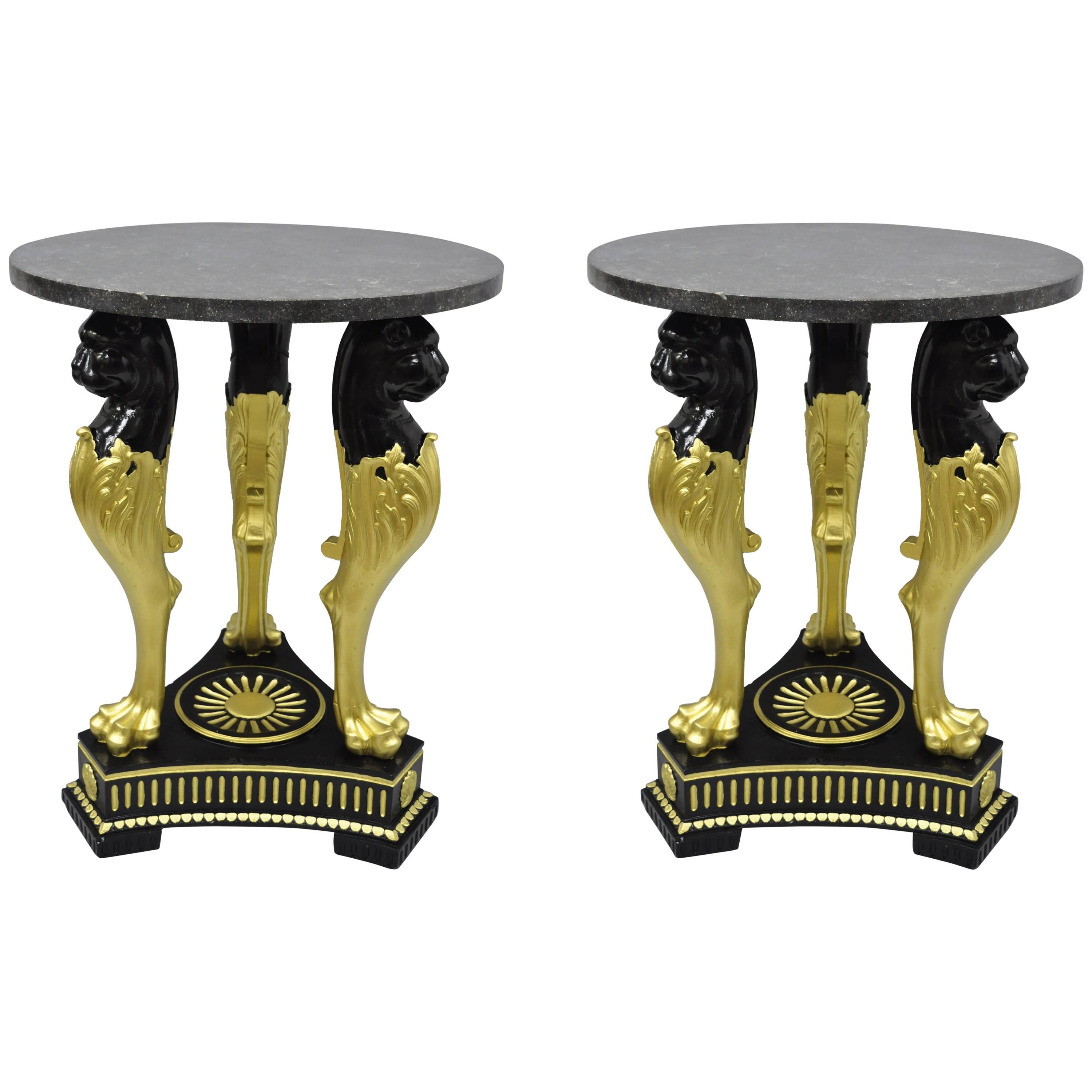 Pair of Terracotta & Granite French Empire Black & Gold Lion Center Side Tables