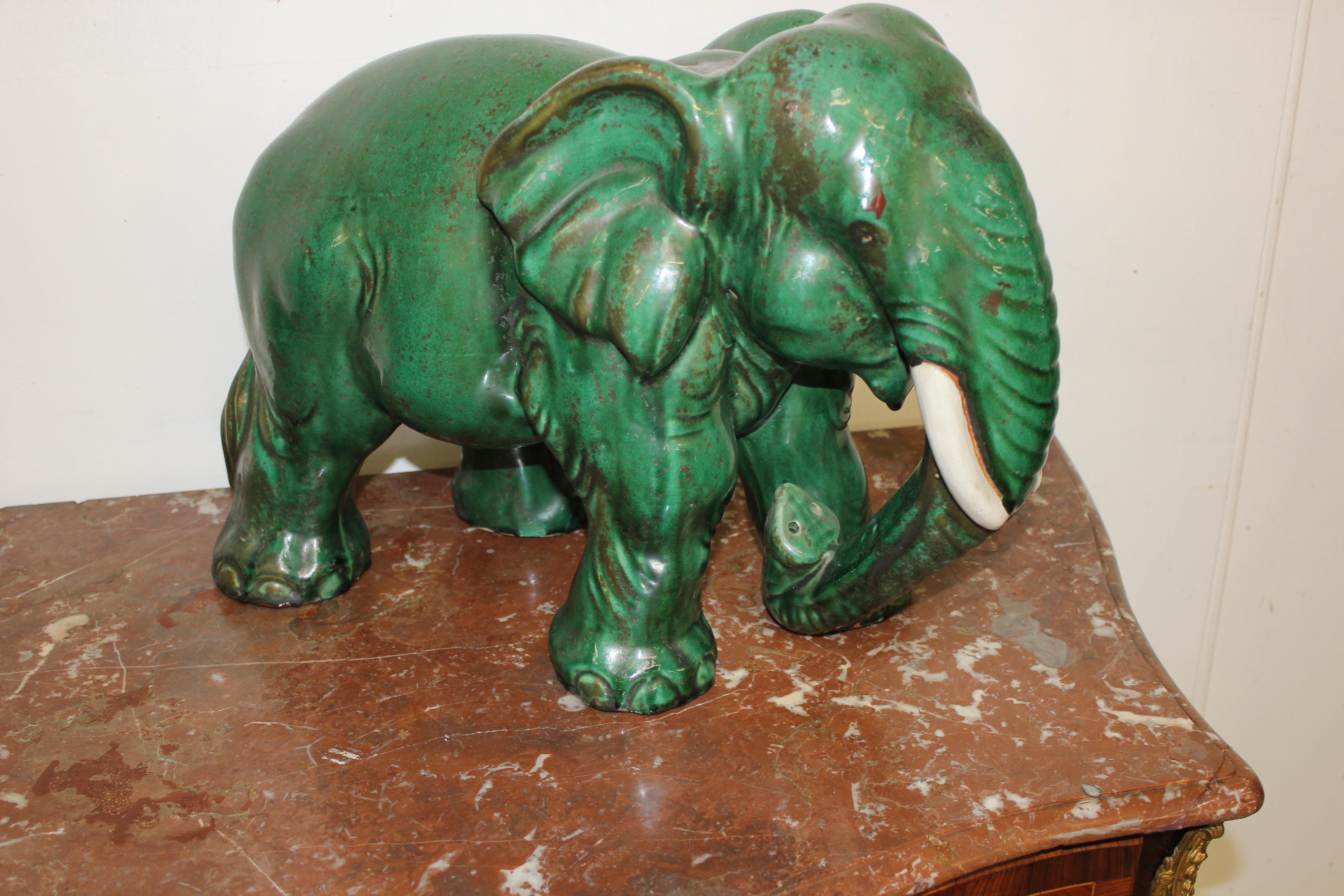 French Terracotta Green Glazed Elephant For Sale