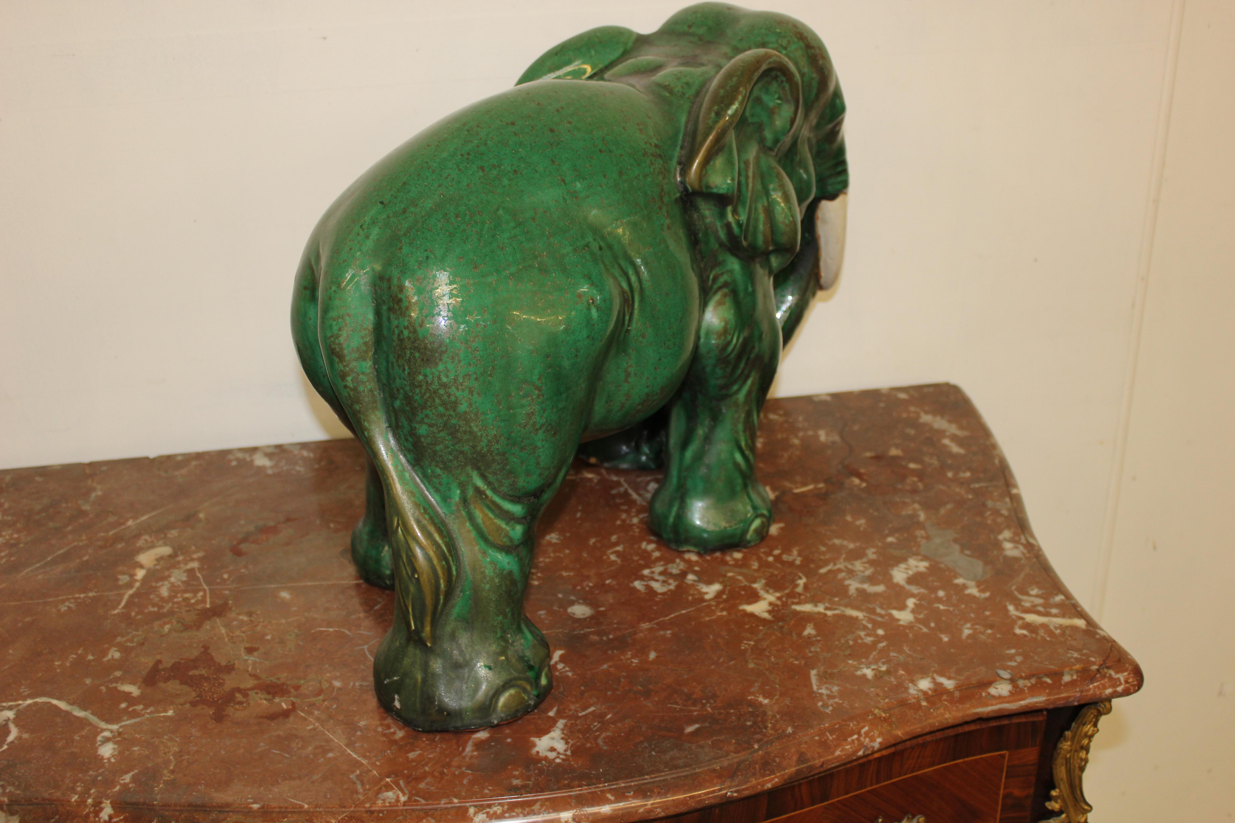 Terracotta Green Glazed Elephant In Good Condition For Sale In Chulmleigh, Devon