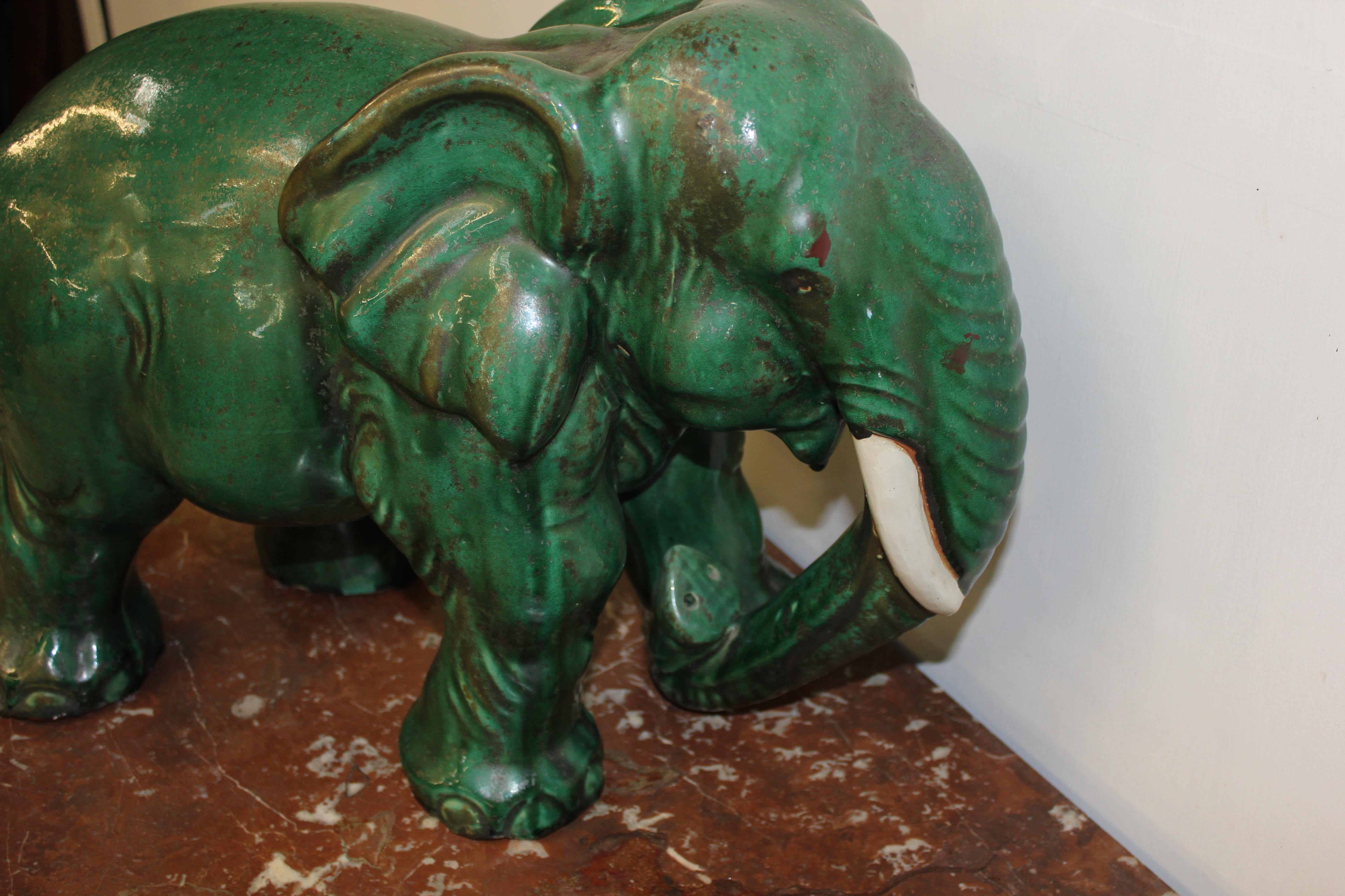 19th Century Terracotta Green Glazed Elephant For Sale