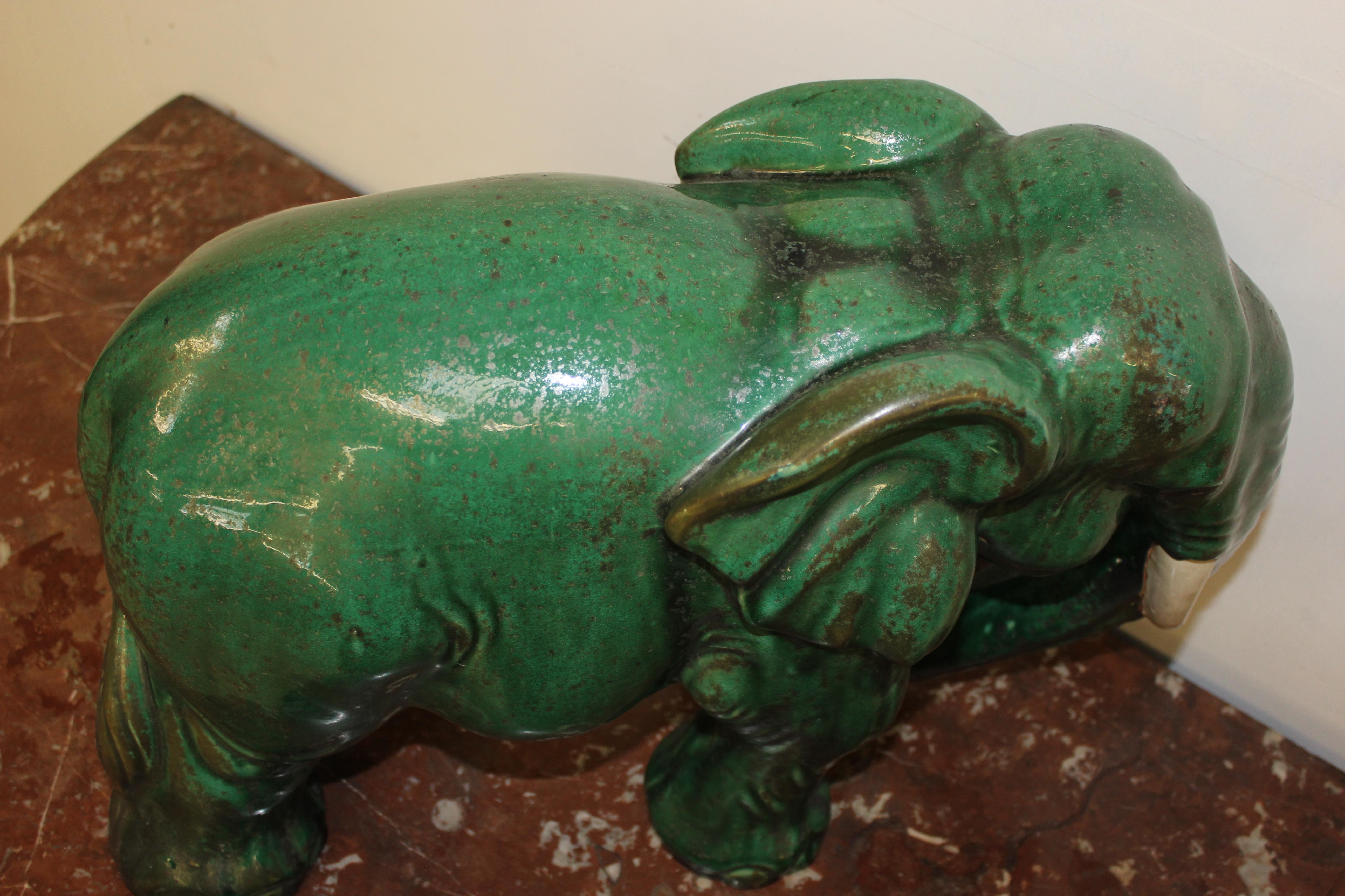 Pottery Terracotta Green Glazed Elephant For Sale