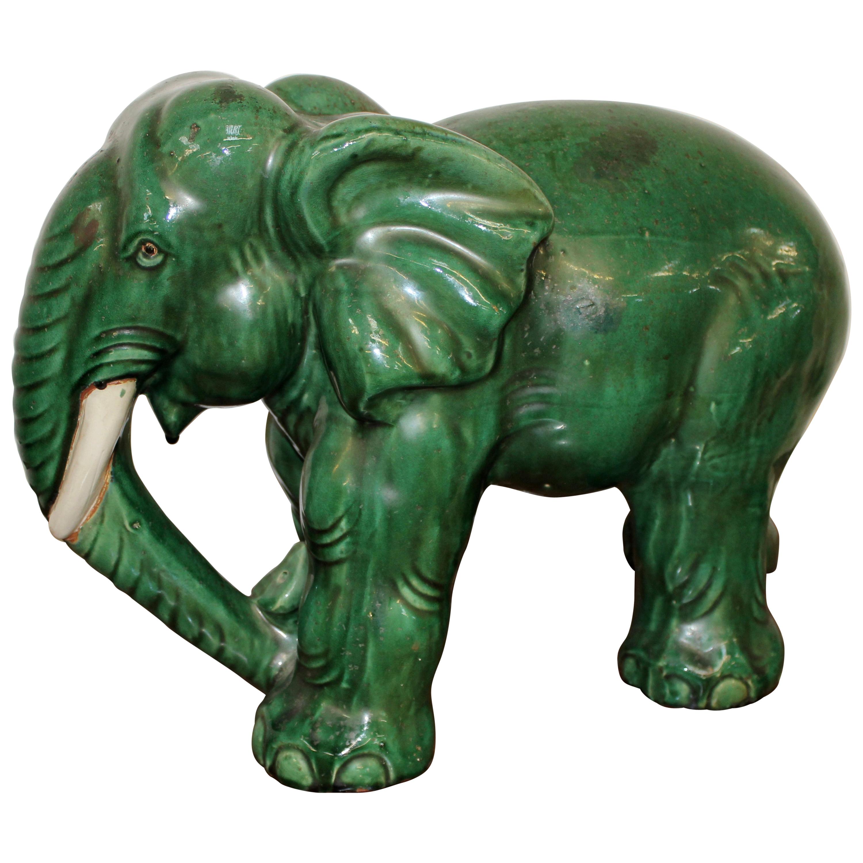 Terracotta Green Glazed Elephant For Sale