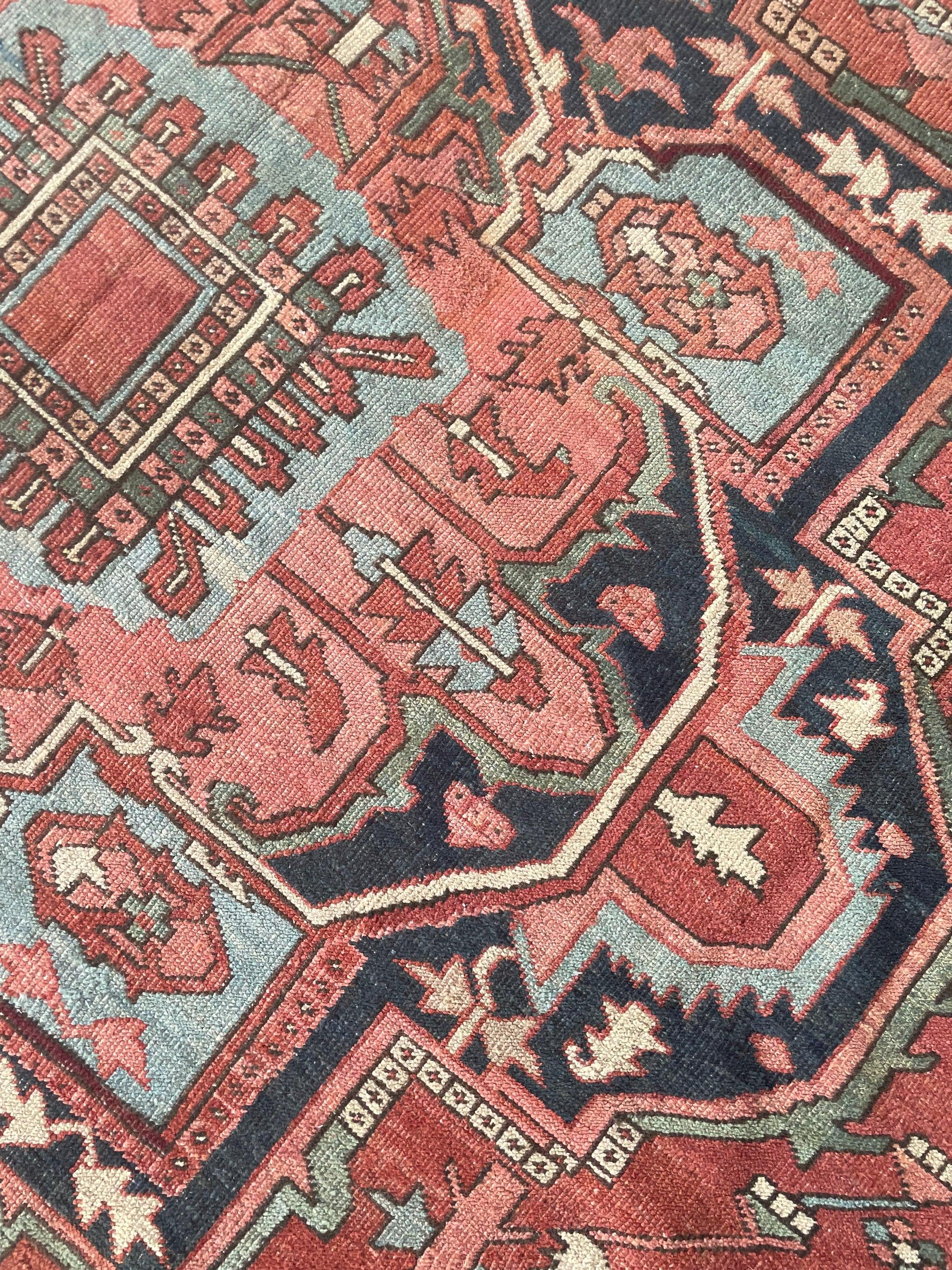 Hand-Knotted Terracotta Ground with Grassy Green & Ice Blue Serapi-Heriz Rug, c. 1910's For Sale