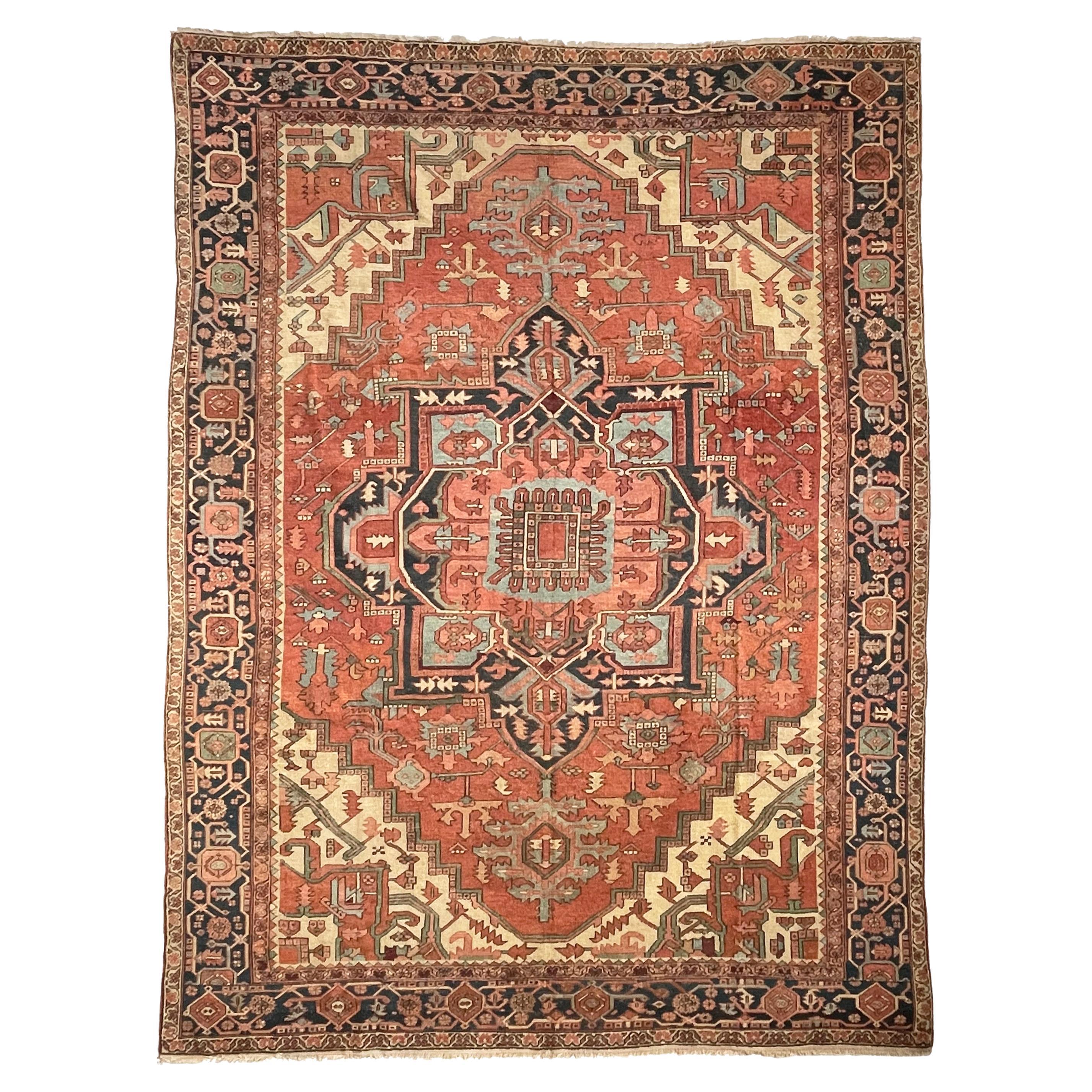 Terracotta Ground with Grassy Green & Ice Blue Serapi-Heriz Rug, c. 1910's For Sale