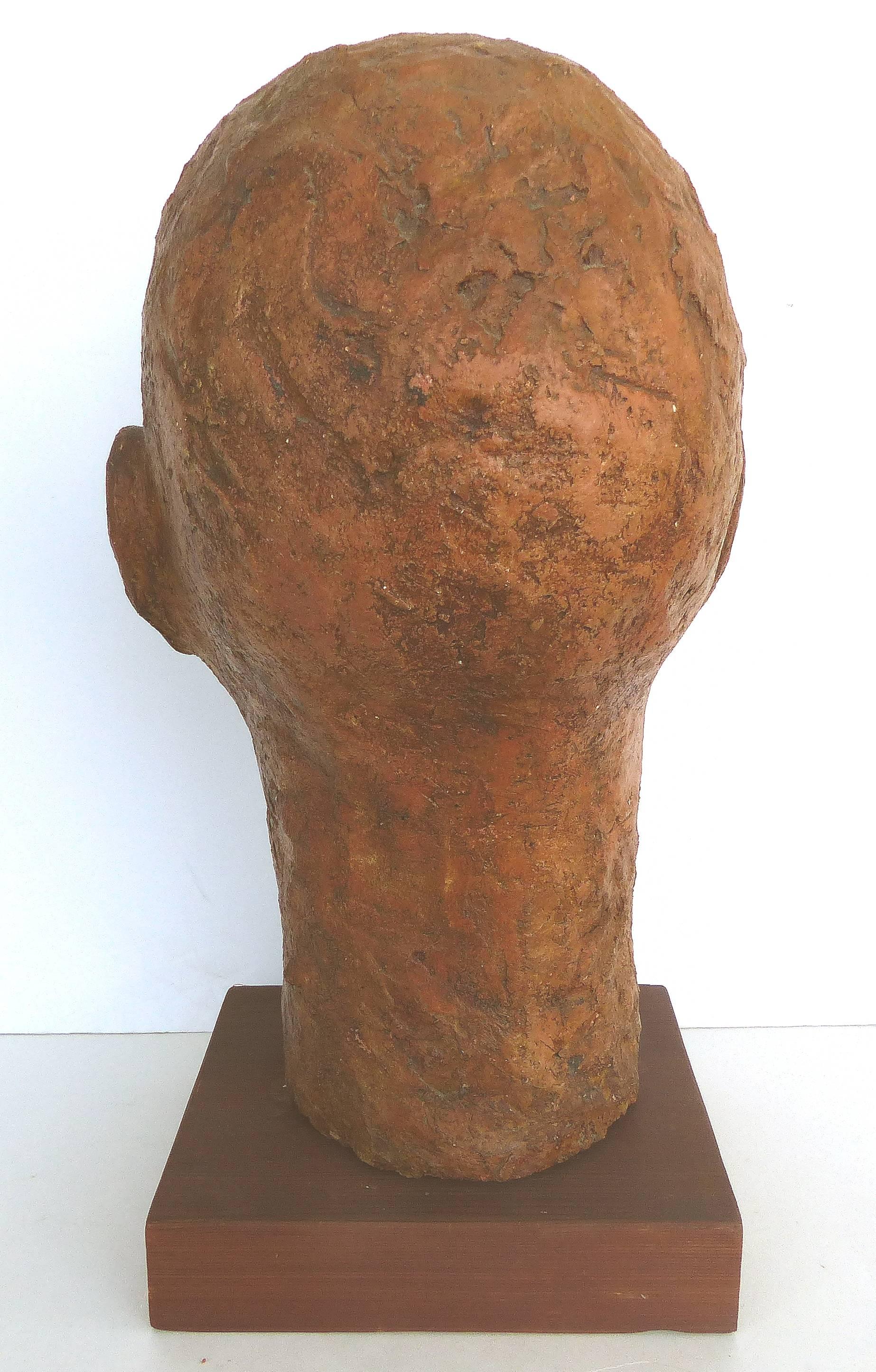 Terracotta Head Sculpture on a Wood Base In Good Condition In Miami, FL