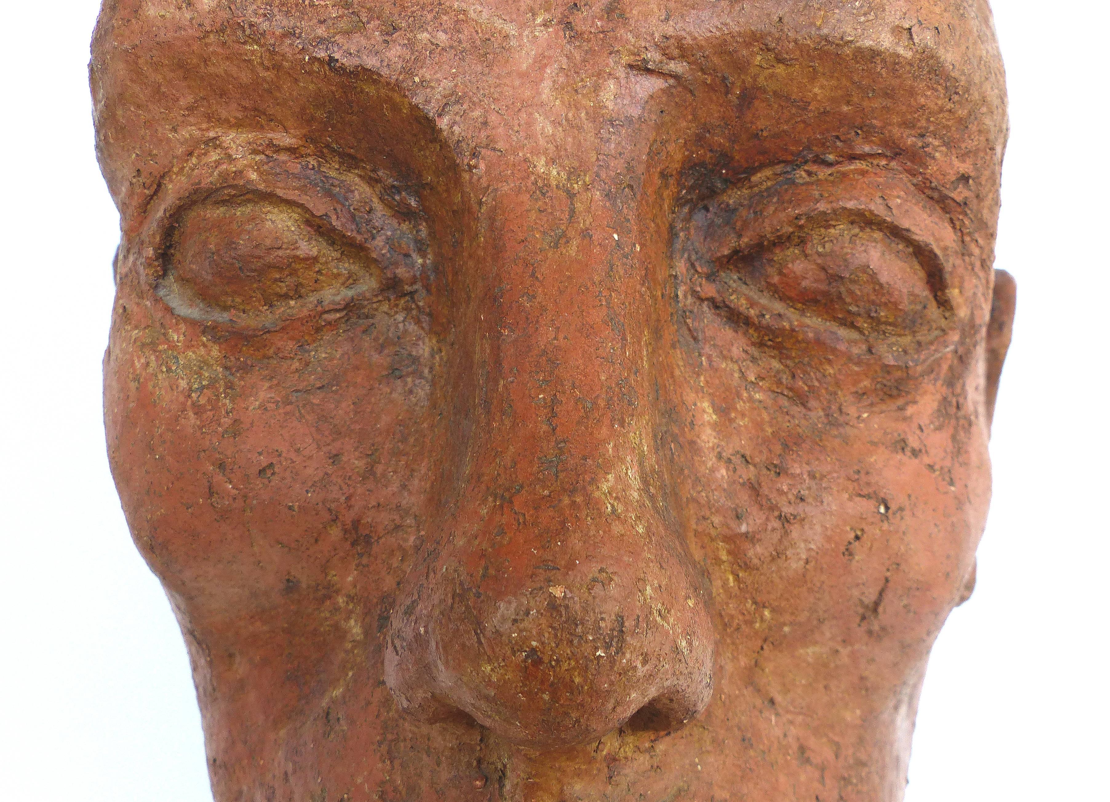 Terracotta Head Sculpture on a Wood Base 1