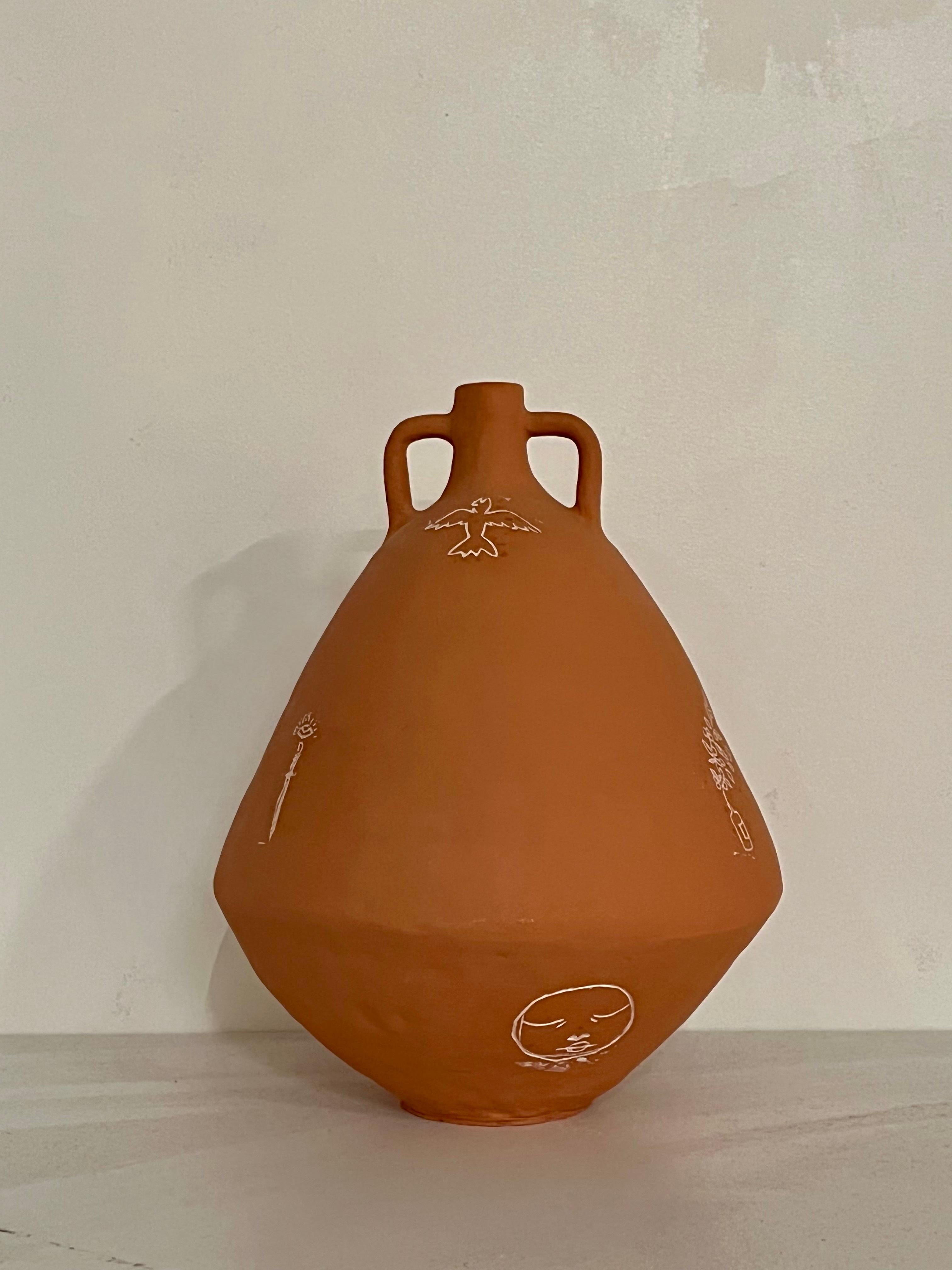 Post-Modern Terracotta Illustrated Vase by Solem Ceramics For Sale