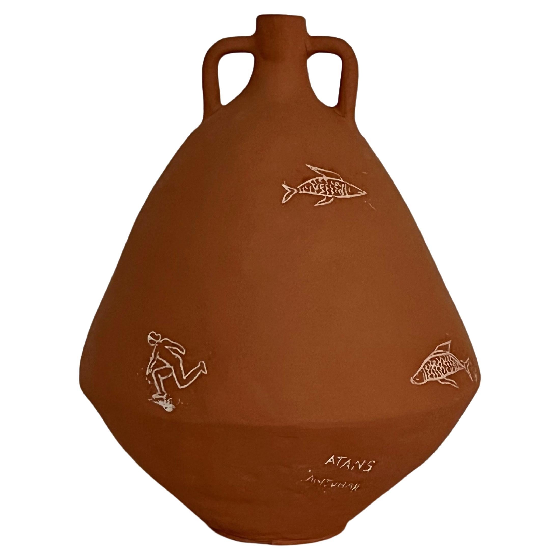 Terracotta Illustrated Vase by Solem Ceramics For Sale