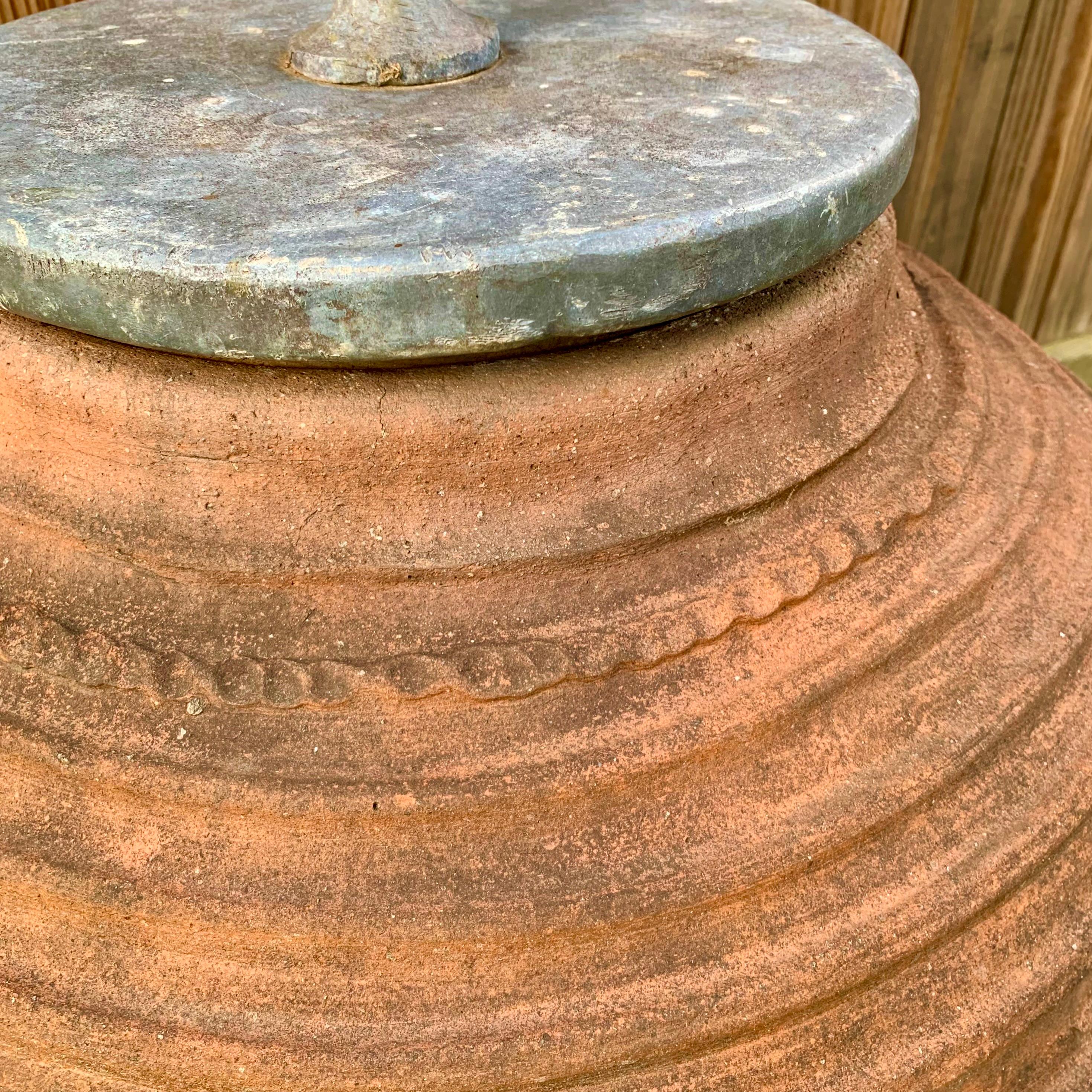Cast Terracotta Jar Garden Urn With An Ornamental Lead Lid For Sale