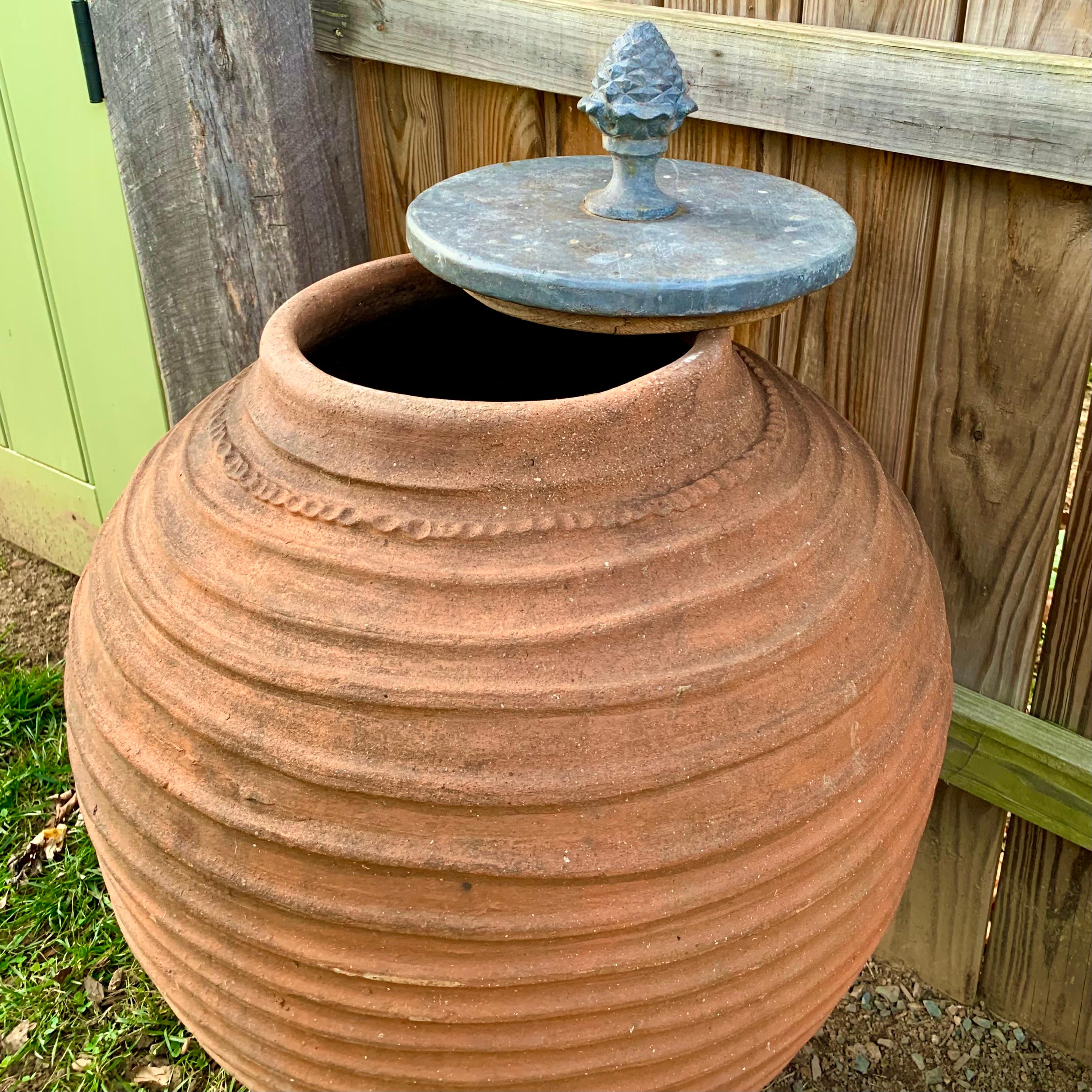 Terracotta Jar Garden Urn With An Ornamental Lead Lid In Good Condition For Sale In Free Union, VA