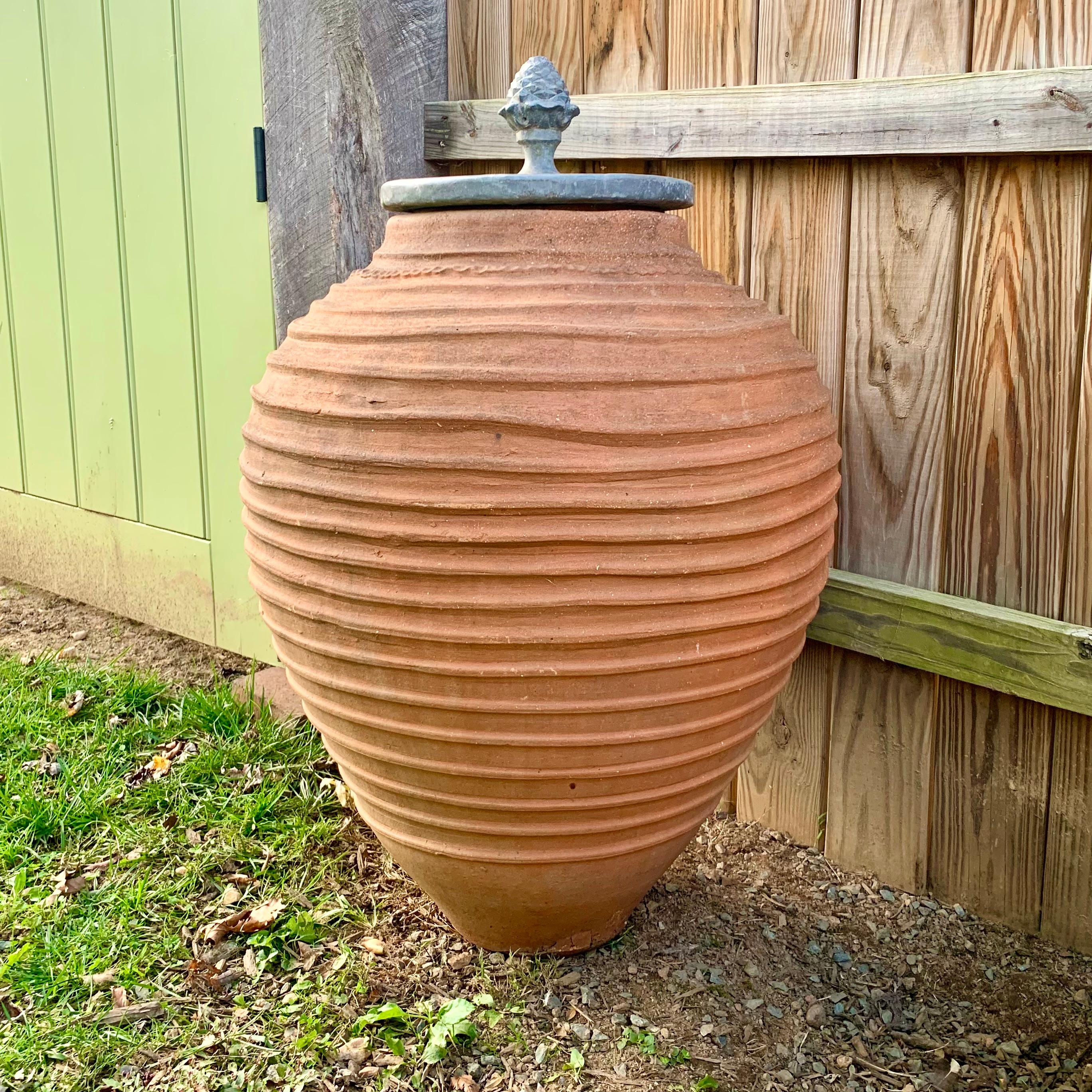 20th Century Terracotta Jar Garden Urn With An Ornamental Lead Lid For Sale