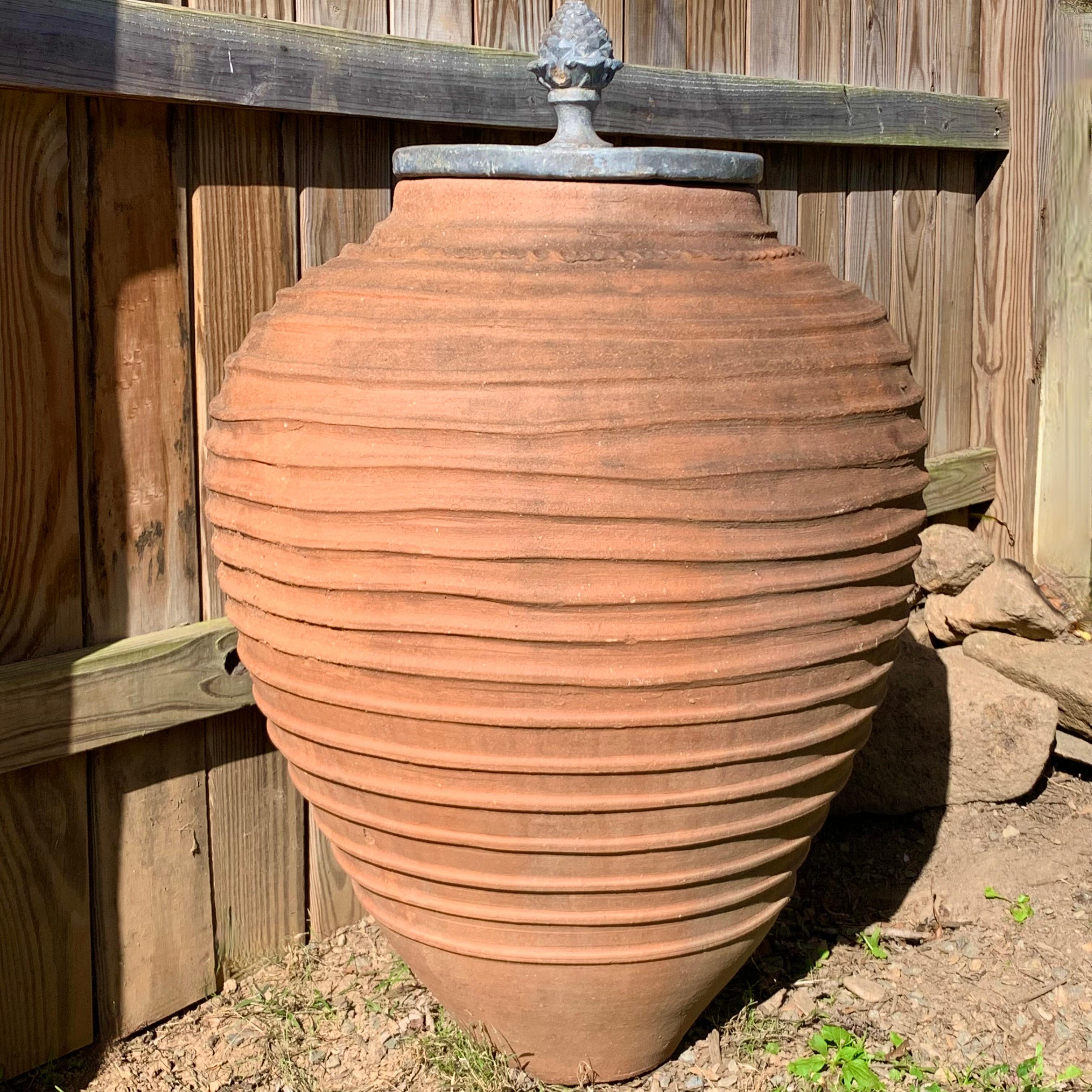 Terracotta Jar Garden Urn With An Ornamental Lead Lid For Sale 1