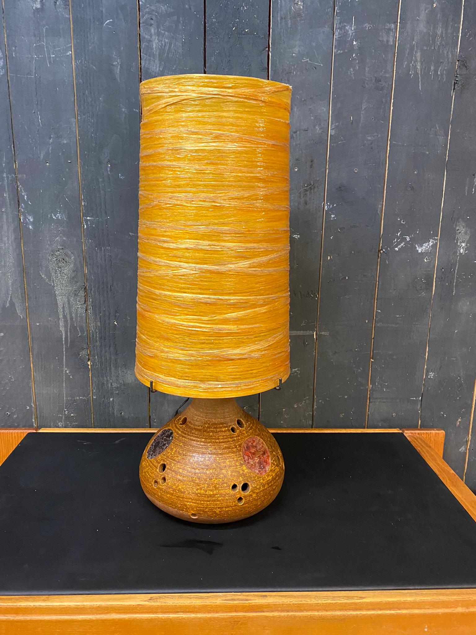 Terracotta Lamp and its Original Lampshade in Colored Resin, Also with Interior In Good Condition For Sale In Mouscron, WHT