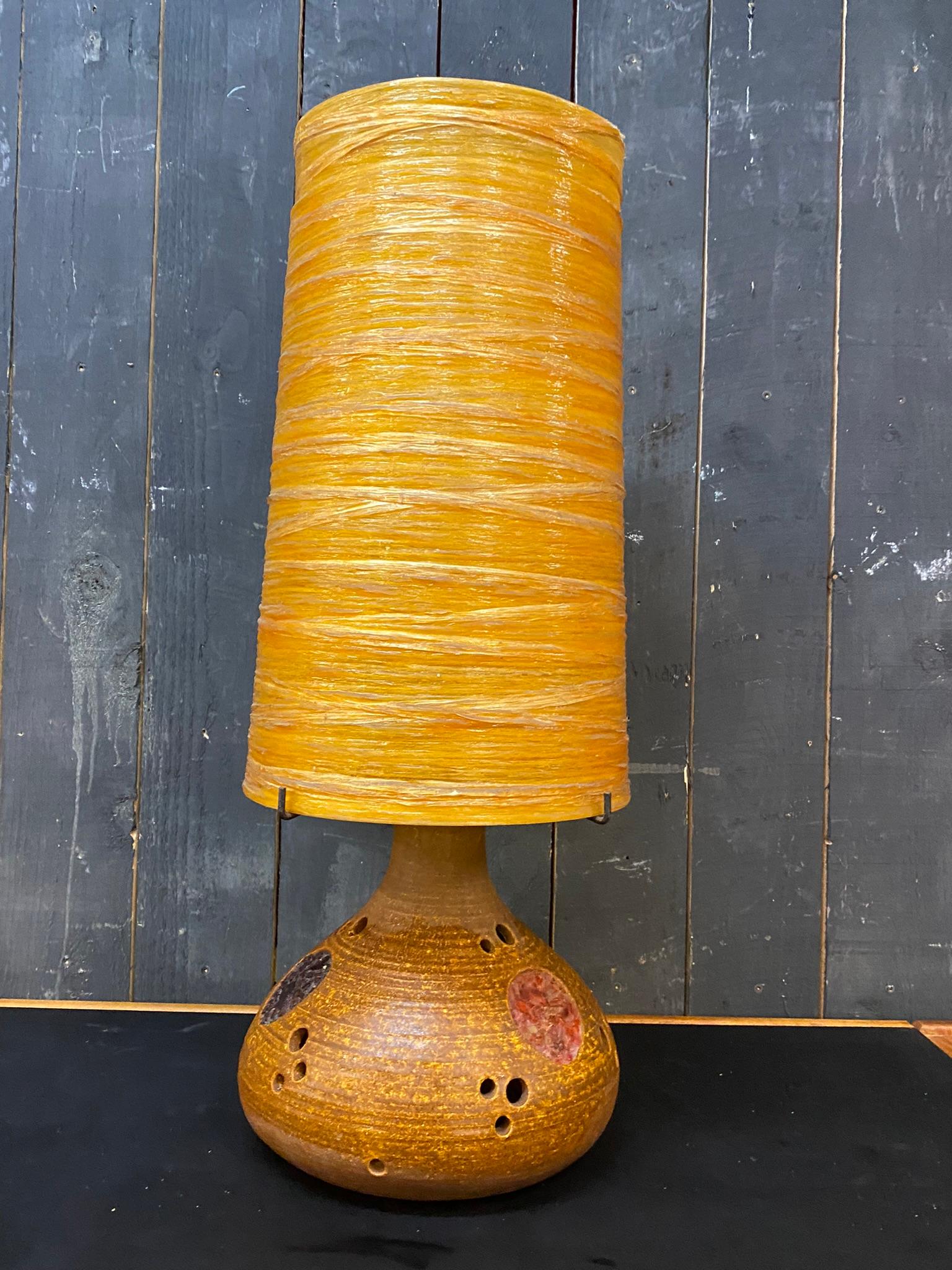 Mid-20th Century Terracotta Lamp and its Original Lampshade in Colored Resin, Also with Interior For Sale