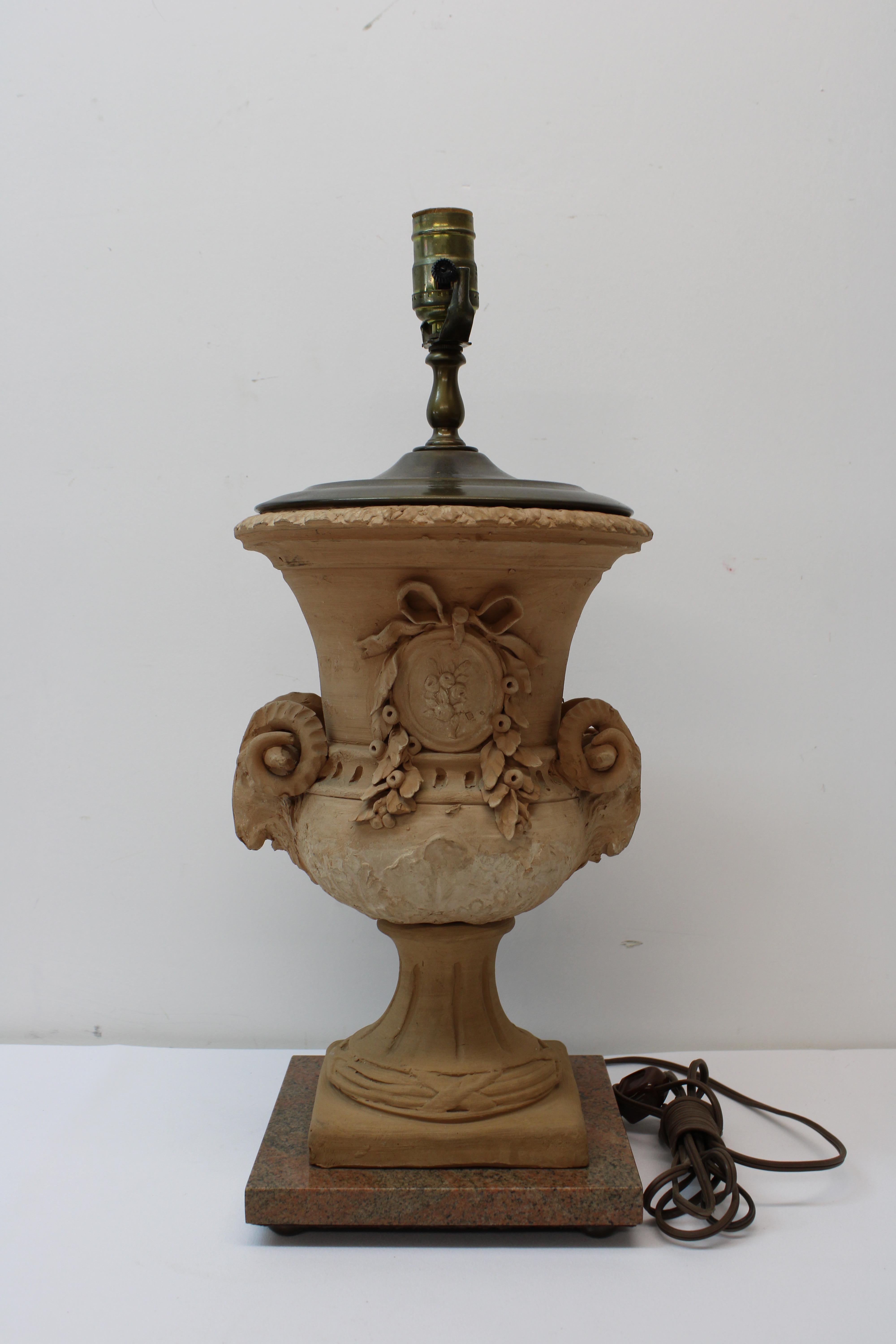 C. 20th Century Pair of Substantial Classical Terracotta lamps w/ Rams Heads ( Ornamentation )
These wonderful lamps have Brass tops & Marble Bases.
 