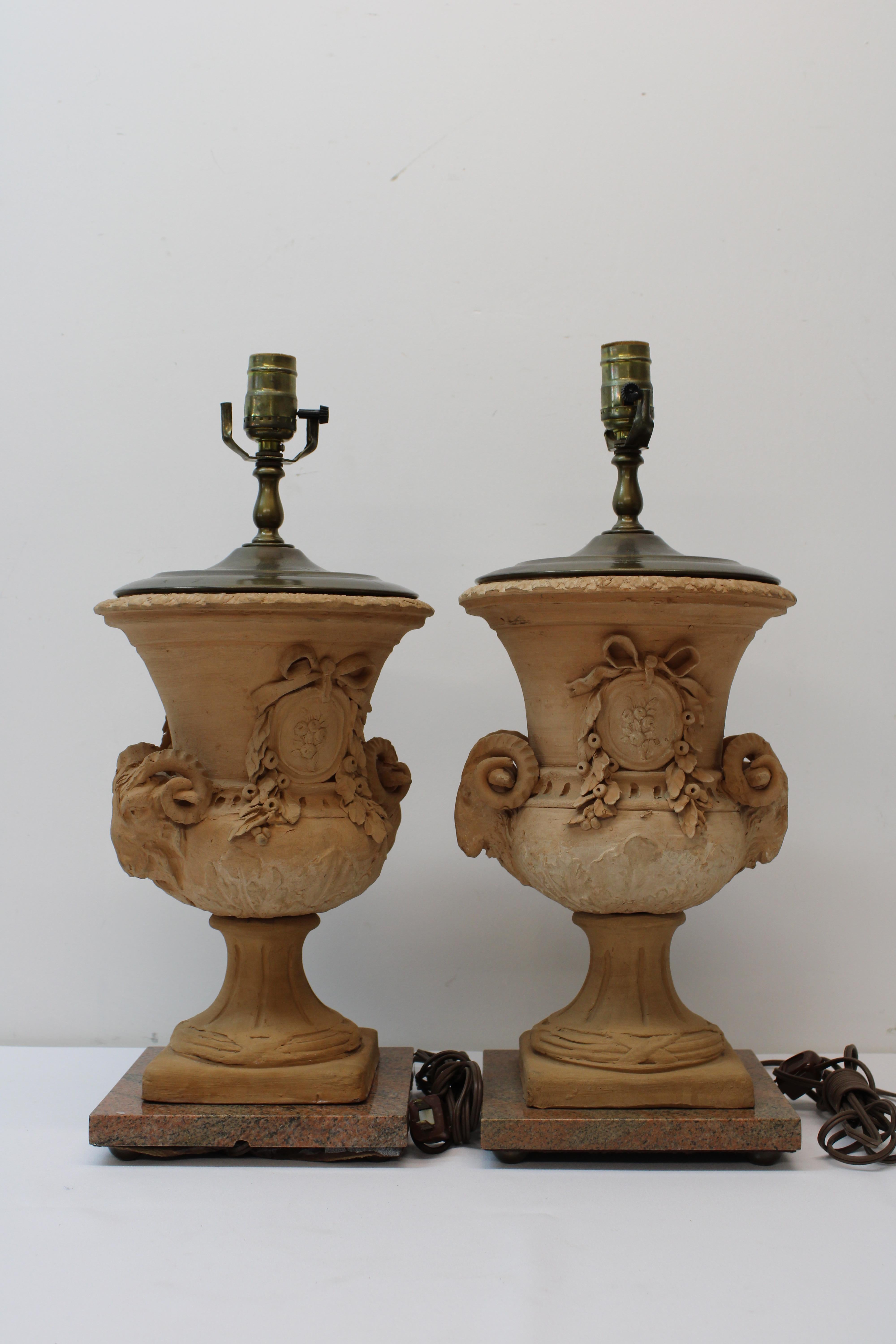 Brass Terracotta Lamps w/ Marble Bases