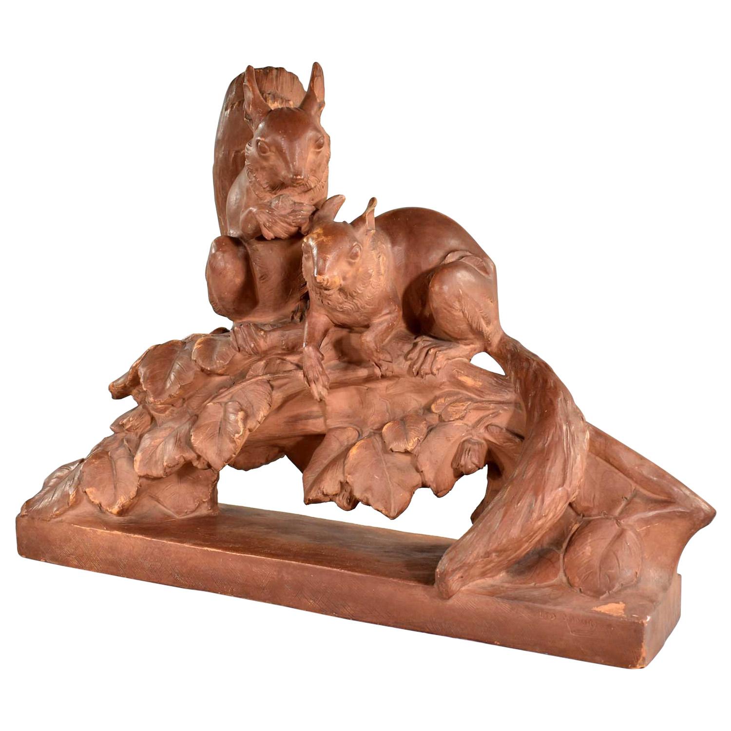 Terracotta Life-Size Squirrel Sculpture by Leo Amaury & Stamped R D’Arly France