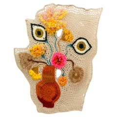 "Terracotta Lounge Vase" Blanket Handcrafted Knit/Crochet Multicolor Flowers