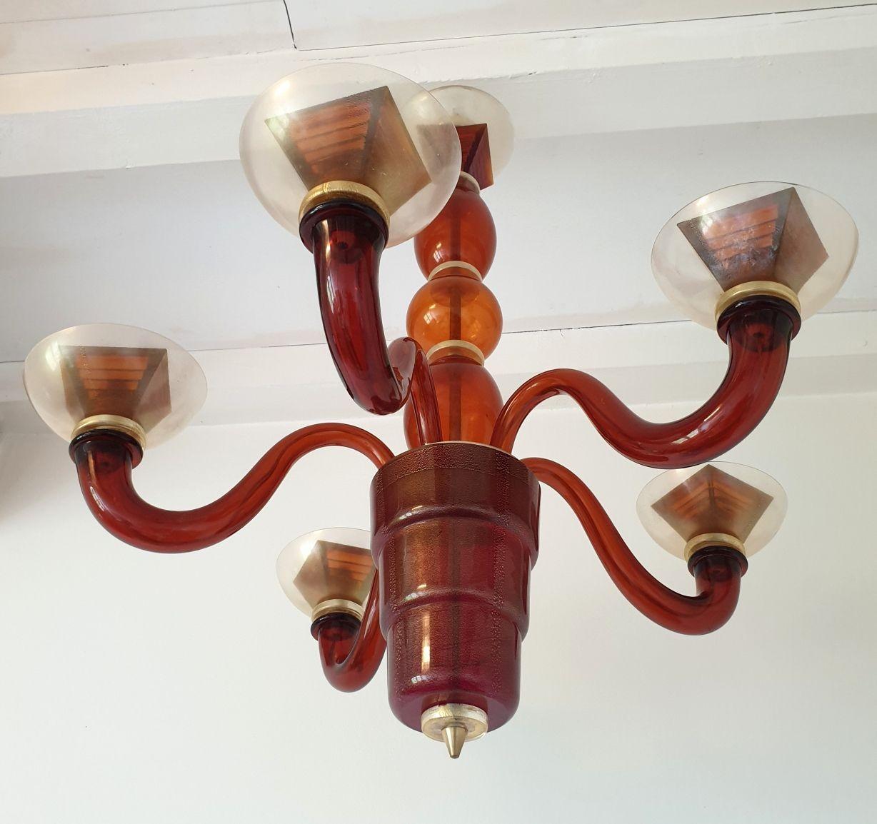 Italiano Lampadario in vetro di Murano di metà secolo in terracotta, anni '70 in vendita