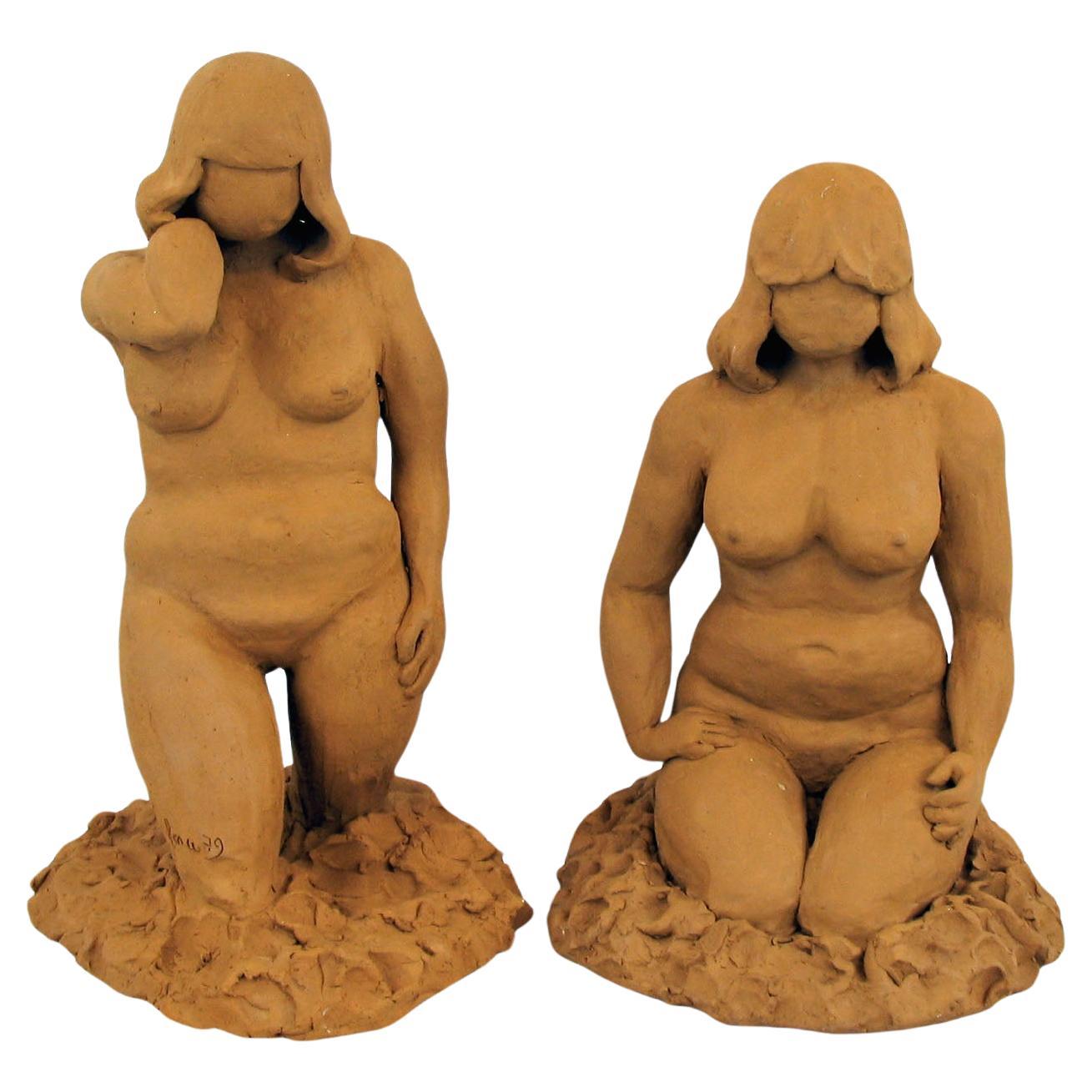 Terracotta Nude Sculptures, Set of 2, from the 1970s For Sale