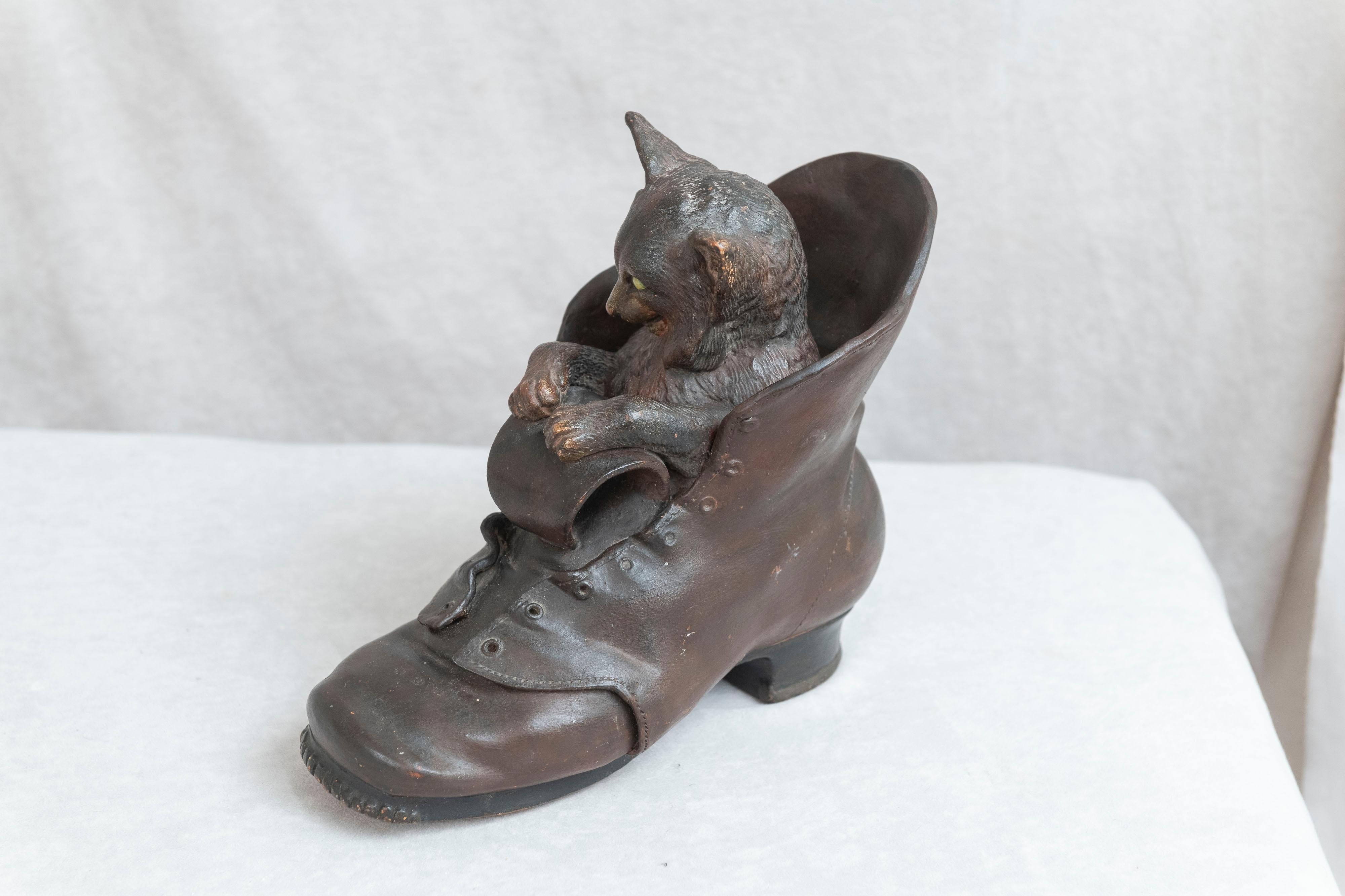 Belle Époque Terracotta Playful Cat in a Shoe, Austrian, circa 1890