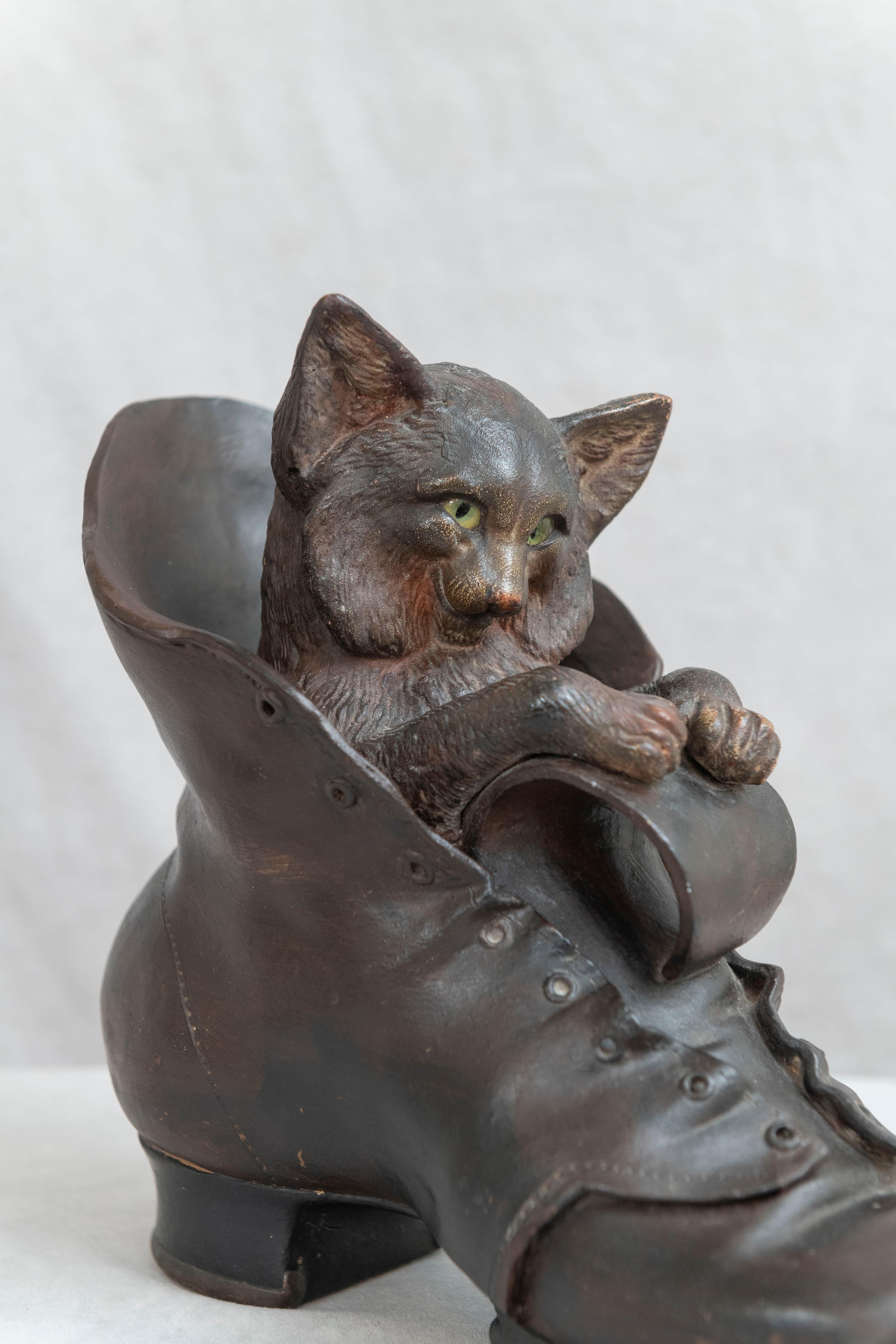 19th Century Terracotta Playful Cat in a Shoe, Austrian, circa 1890