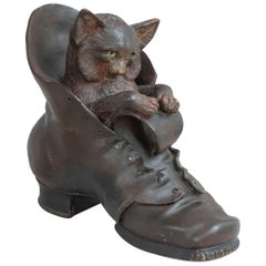 Antique Terracotta Playful Cat in a Shoe, Austrian, circa 1890