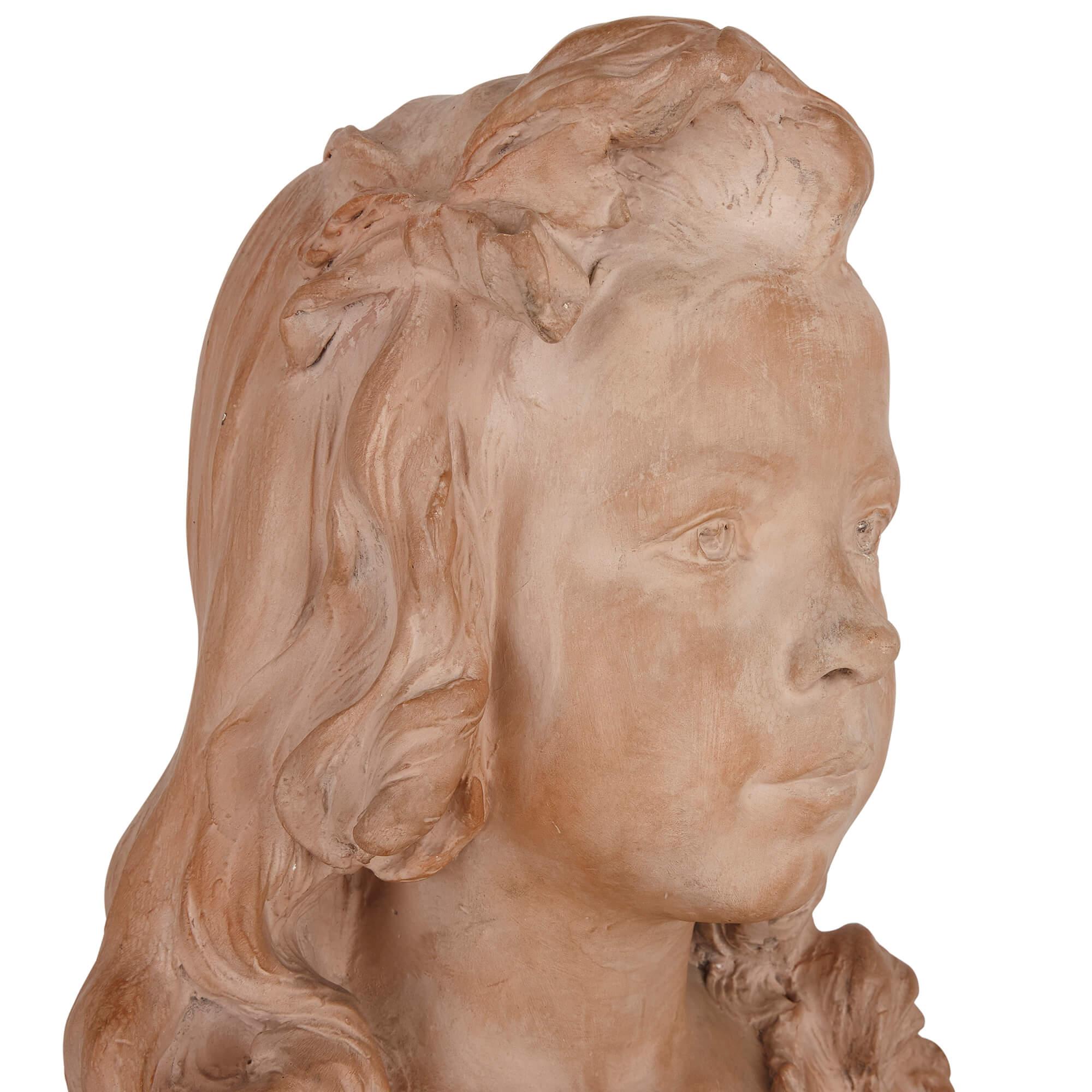 Belle Époque Terracotta portrait bust of a girl by Henri Weigele For Sale