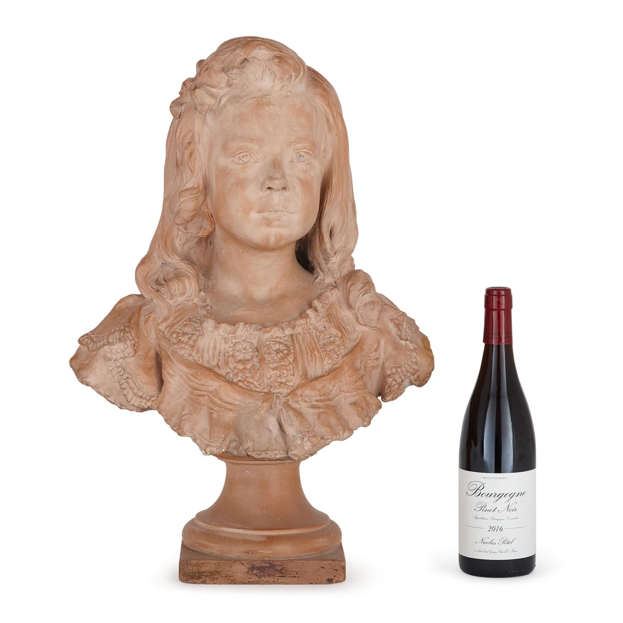 Carved Terracotta portrait bust of a girl by Henri Weigele For Sale