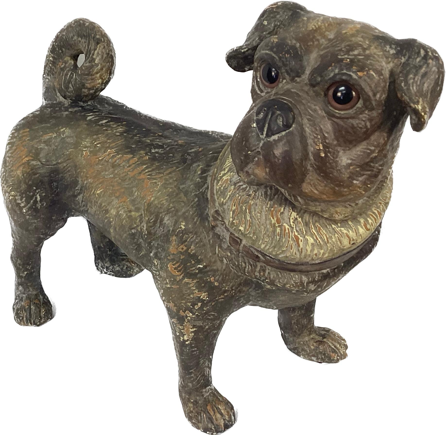 Terracotta Pug Dog With Glass Eyes In Good Condition For Sale In Bradenton, FL