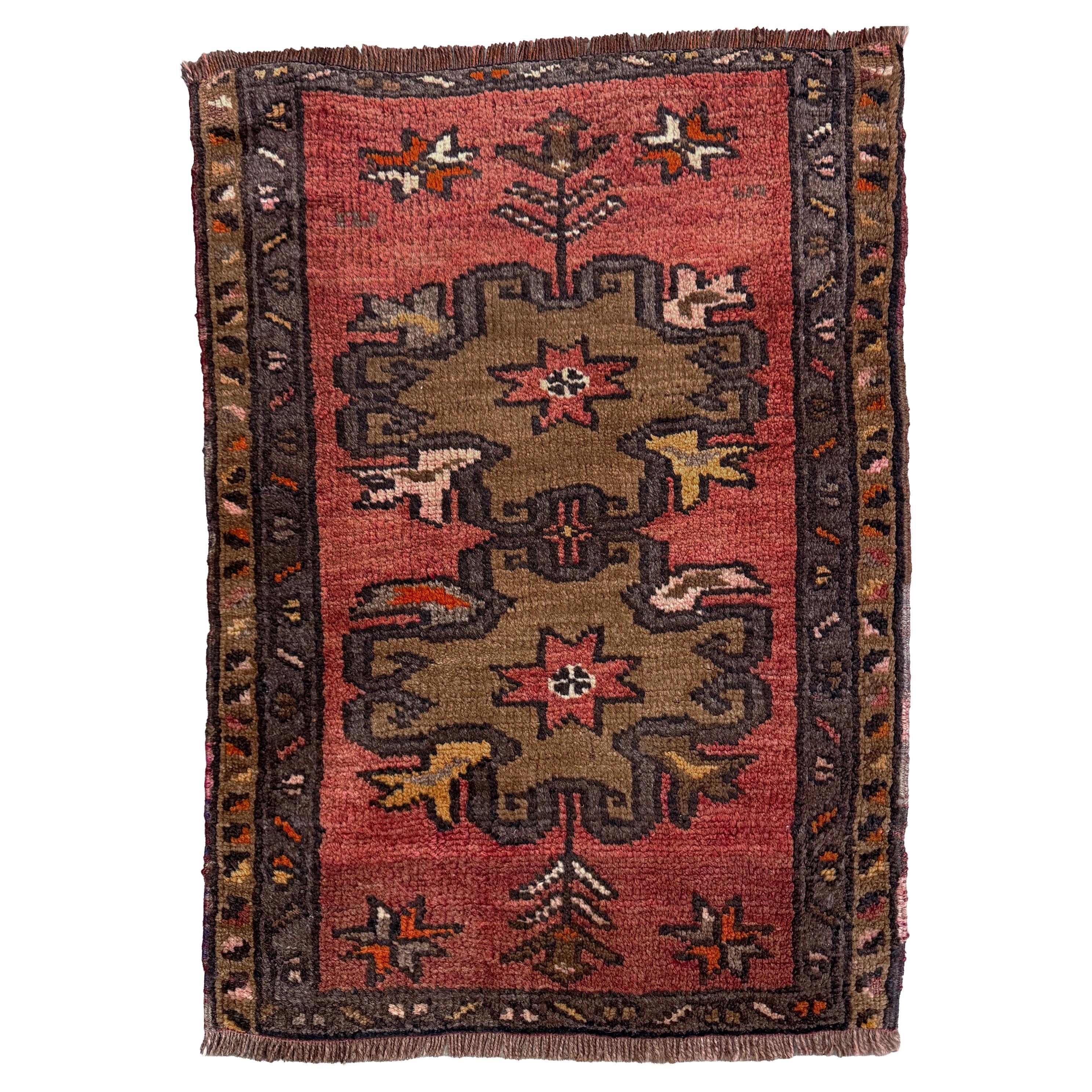 Terracotta Red Anatolian Yastik / Mini Rug • Vintage Turkish Bathmat / Doormat