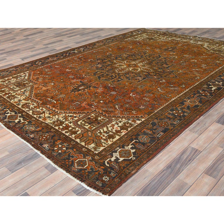 Hand-Knotted Terracotta Red Vintage Persian Heriz Rustic Look Soft Wool Hand Knotted Rug