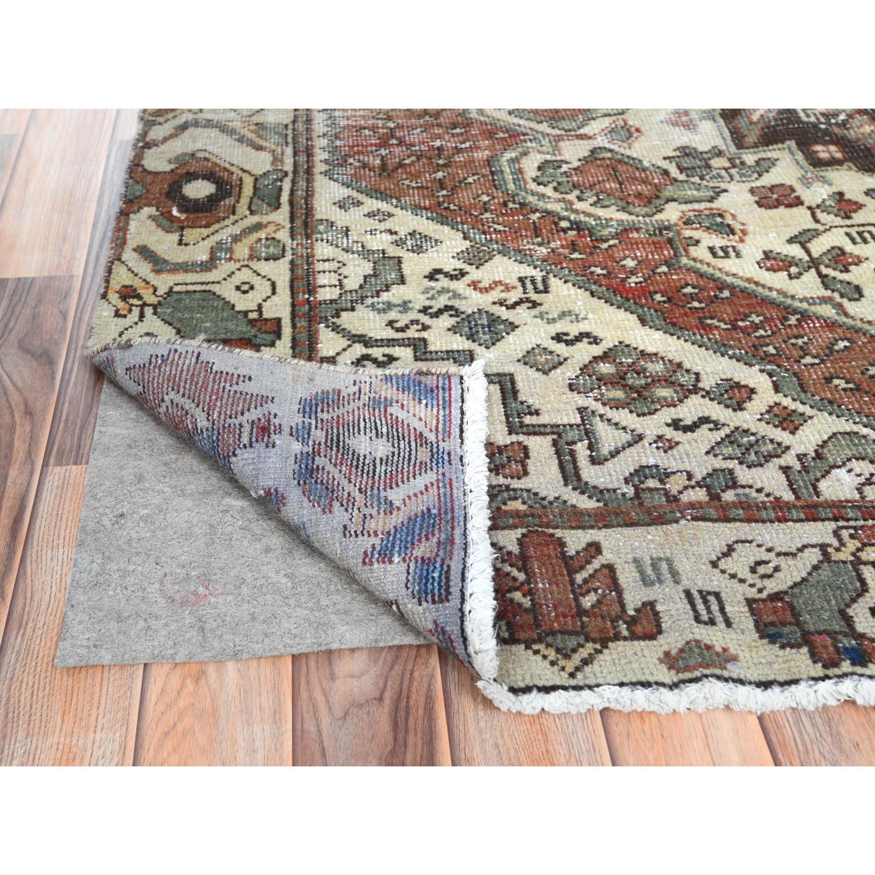 Medieval Terracotta Red, Worn Wool Hand Knotted Vintage Persian Bakhtiar, Distressed Rug For Sale
