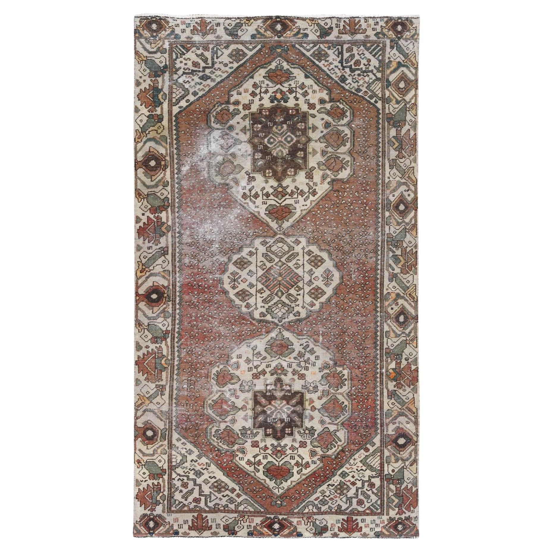 Terracotta Red, Worn Wool Hand Knotted Vintage Persian Bakhtiar, Distressed Rug For Sale