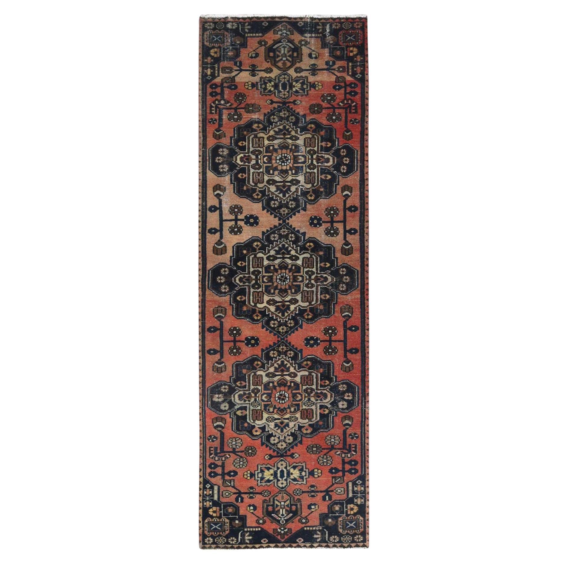 Terracotta Red Worn Wool Hand Knotted Vintage Persian Hamadan, Distressed Rug For Sale