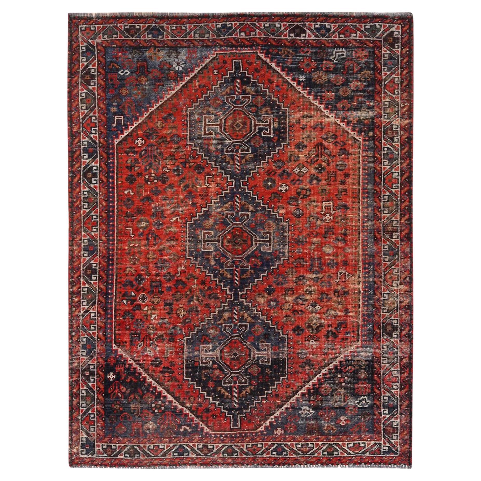 Terracotta Colors, Vintage Persian Shiraz Distressed Wool Hand Knotted
