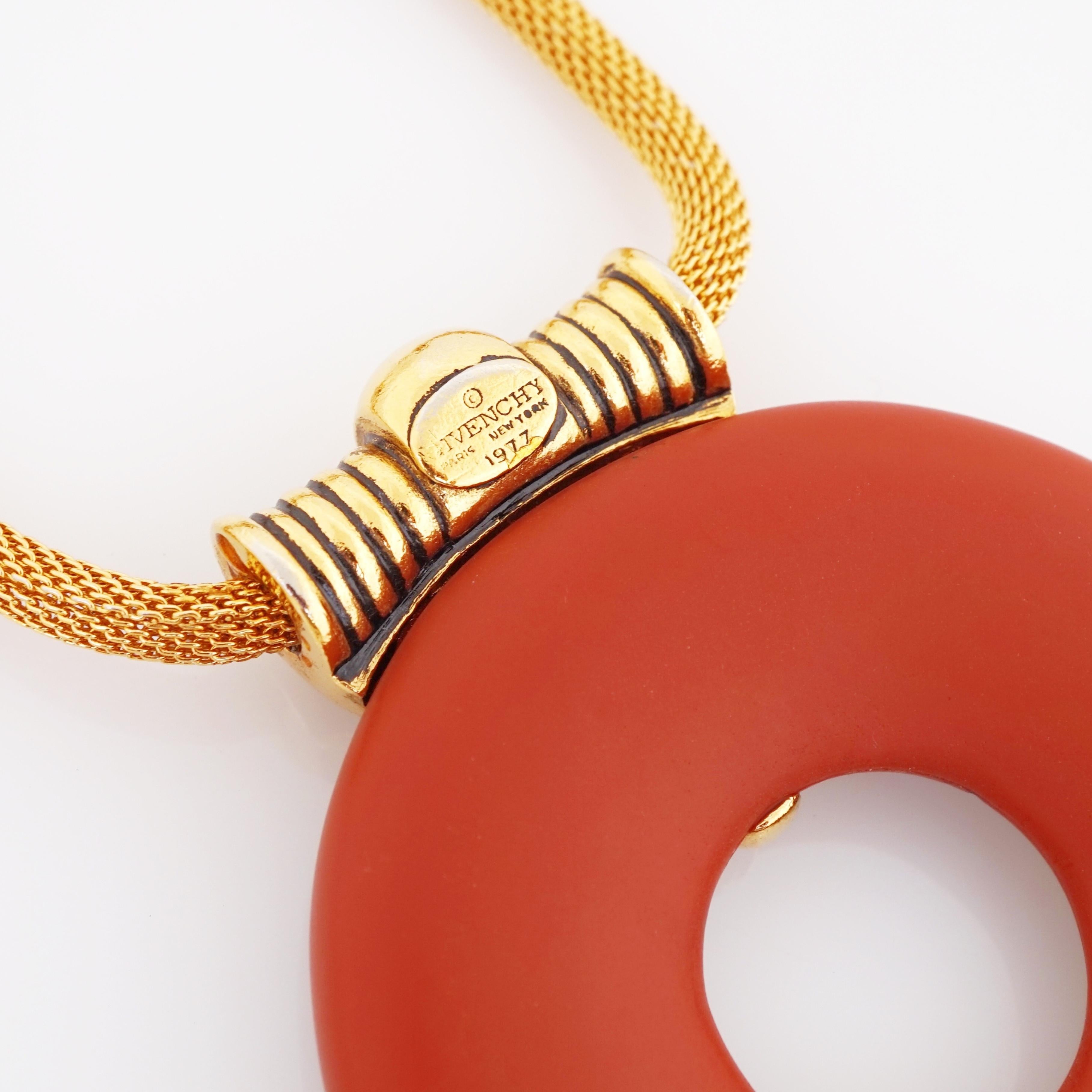 Terracotta Resin Ring Pendant Necklace By Givenchy, 1970s In Good Condition For Sale In McKinney, TX