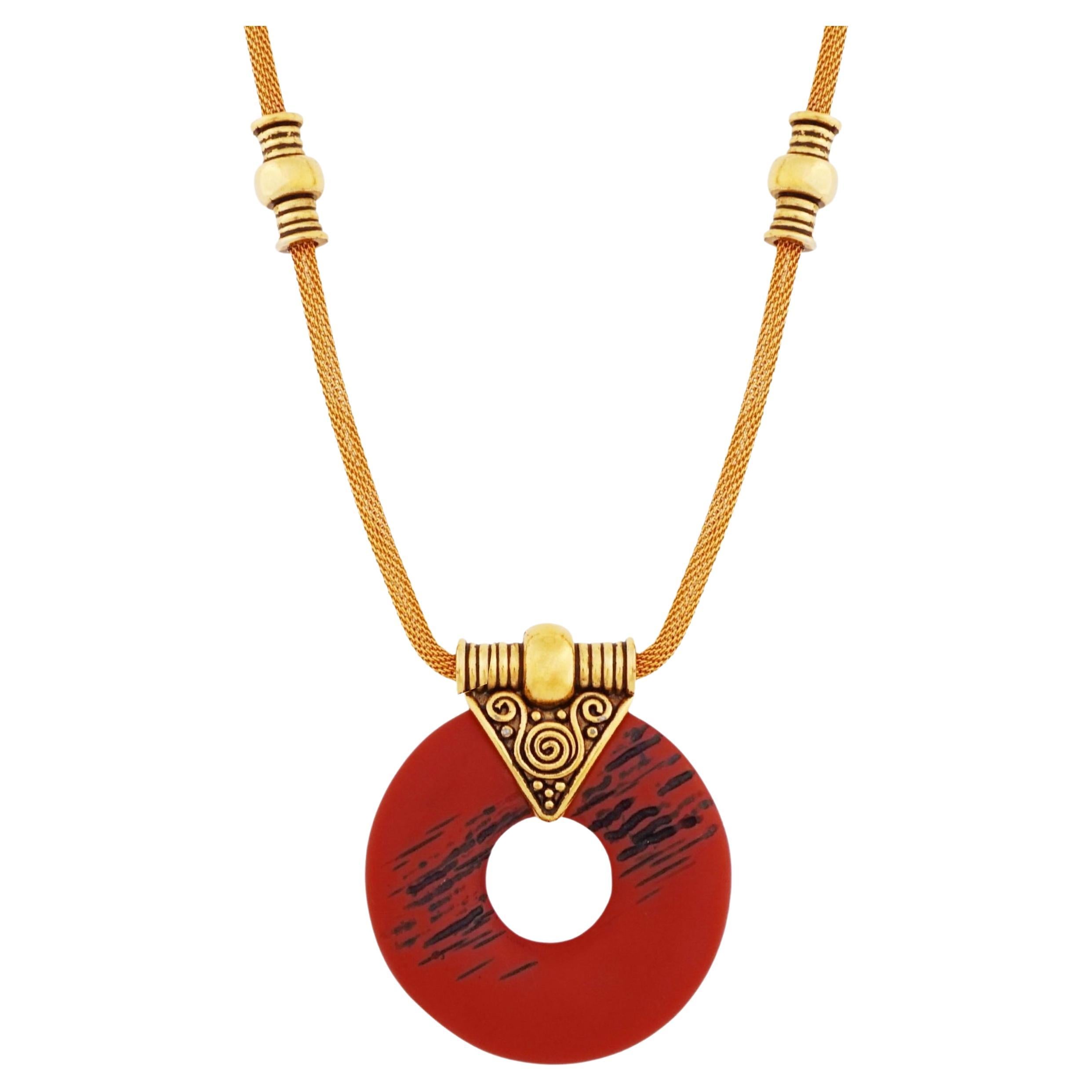 Terracotta Resin Ring Pendant Necklace By Givenchy, 1970s For Sale