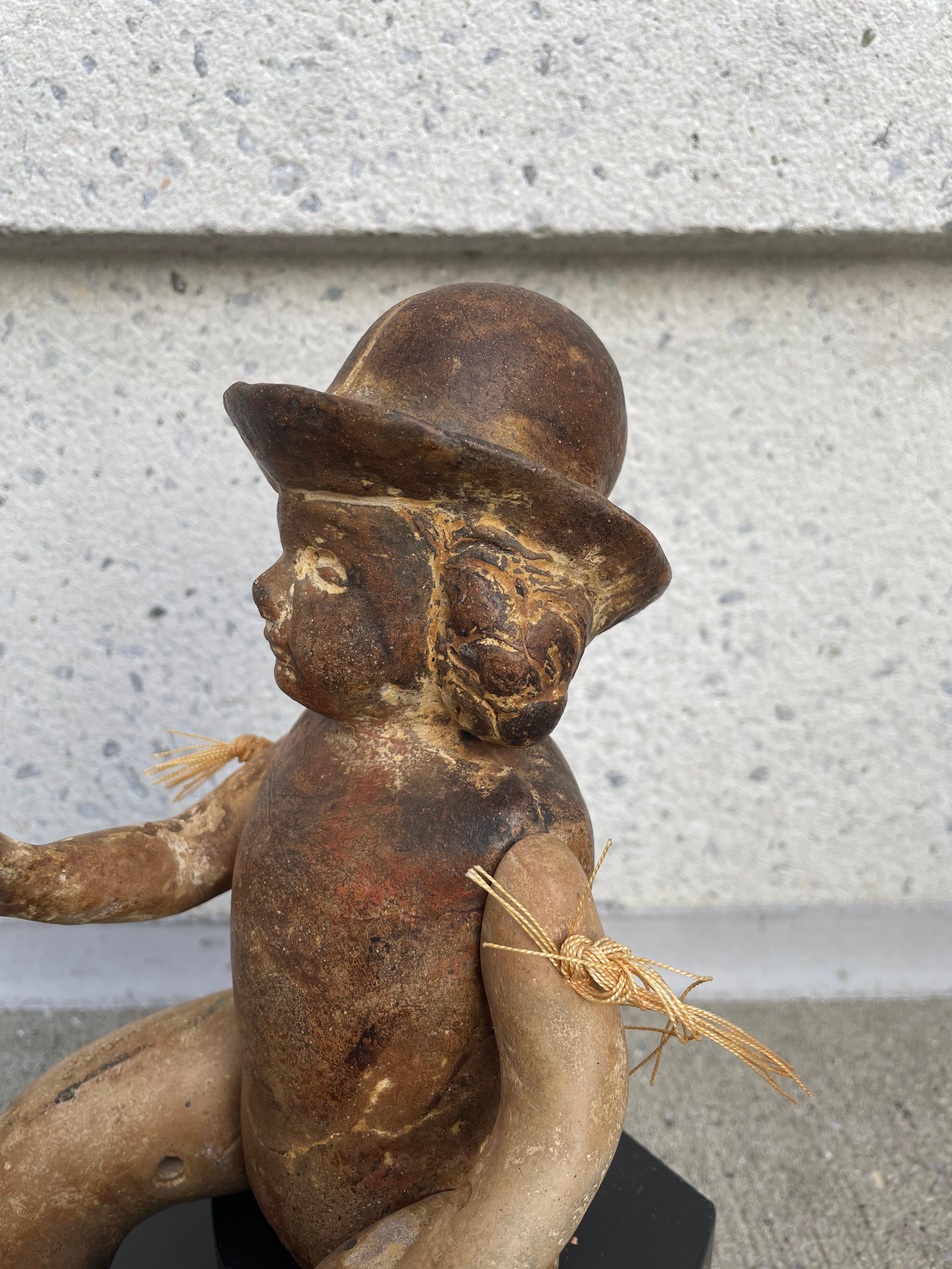 Terracotta Articulated Doll Santos Figure Wearing a Bowler Hat For Sale 3