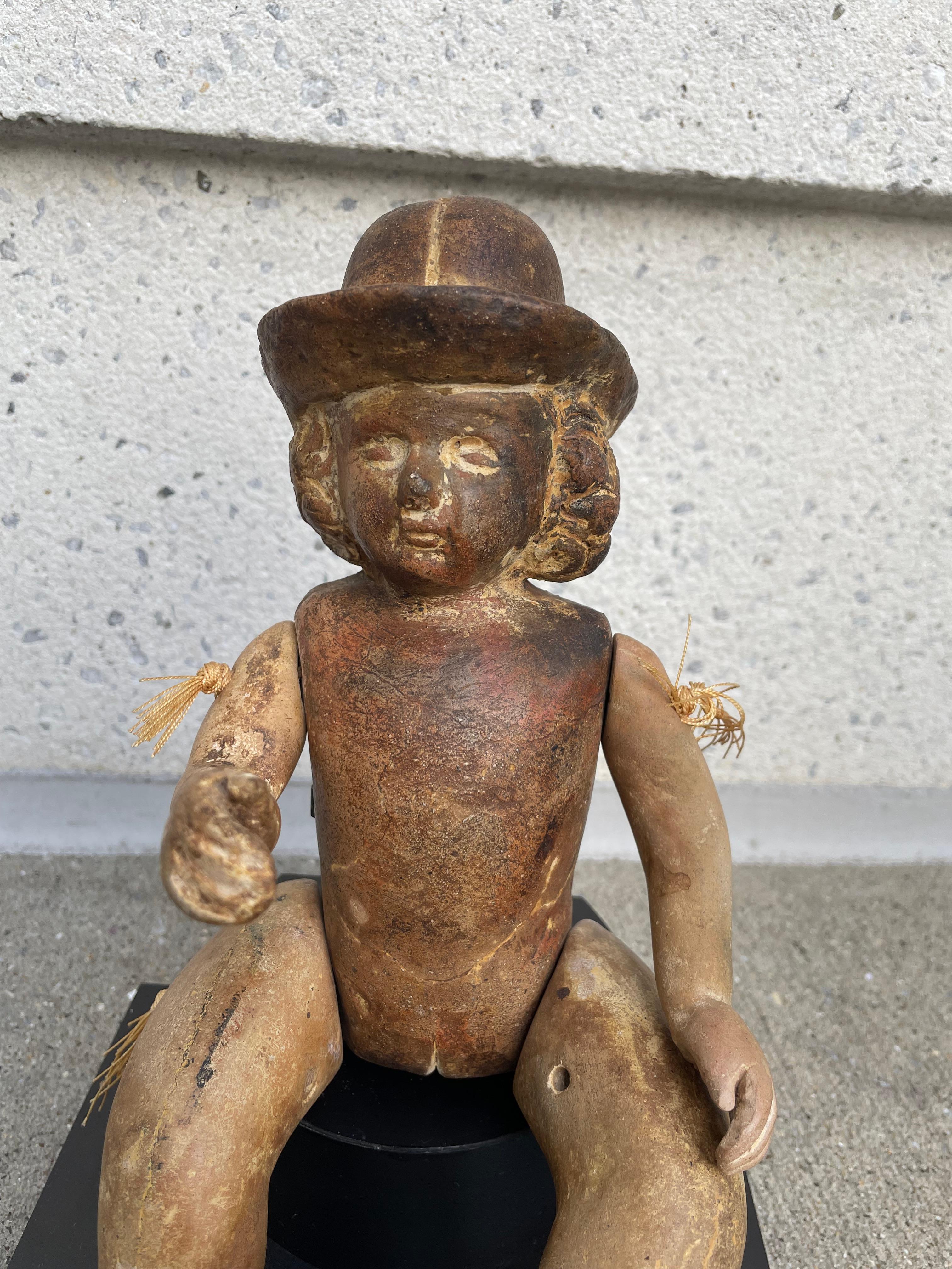 Terracotta Articulated Doll Santos Figure Wearing a Bowler Hat For Sale 6